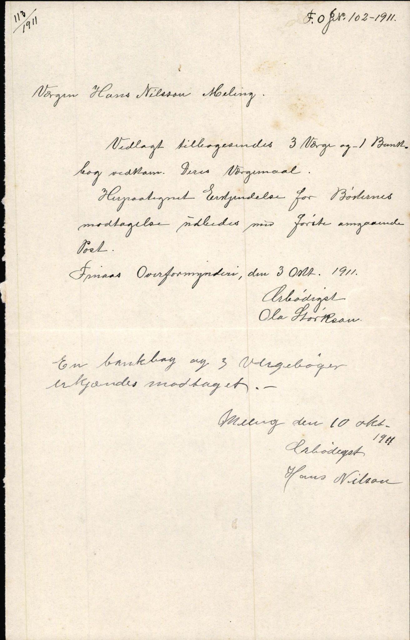 Finnaas kommune. Overformynderiet, IKAH/1218a-812/D/Da/Daa/L0002/0004: Kronologisk ordna korrespondanse / Kronologisk ordna korrespondanse, 1910-1913, p. 83