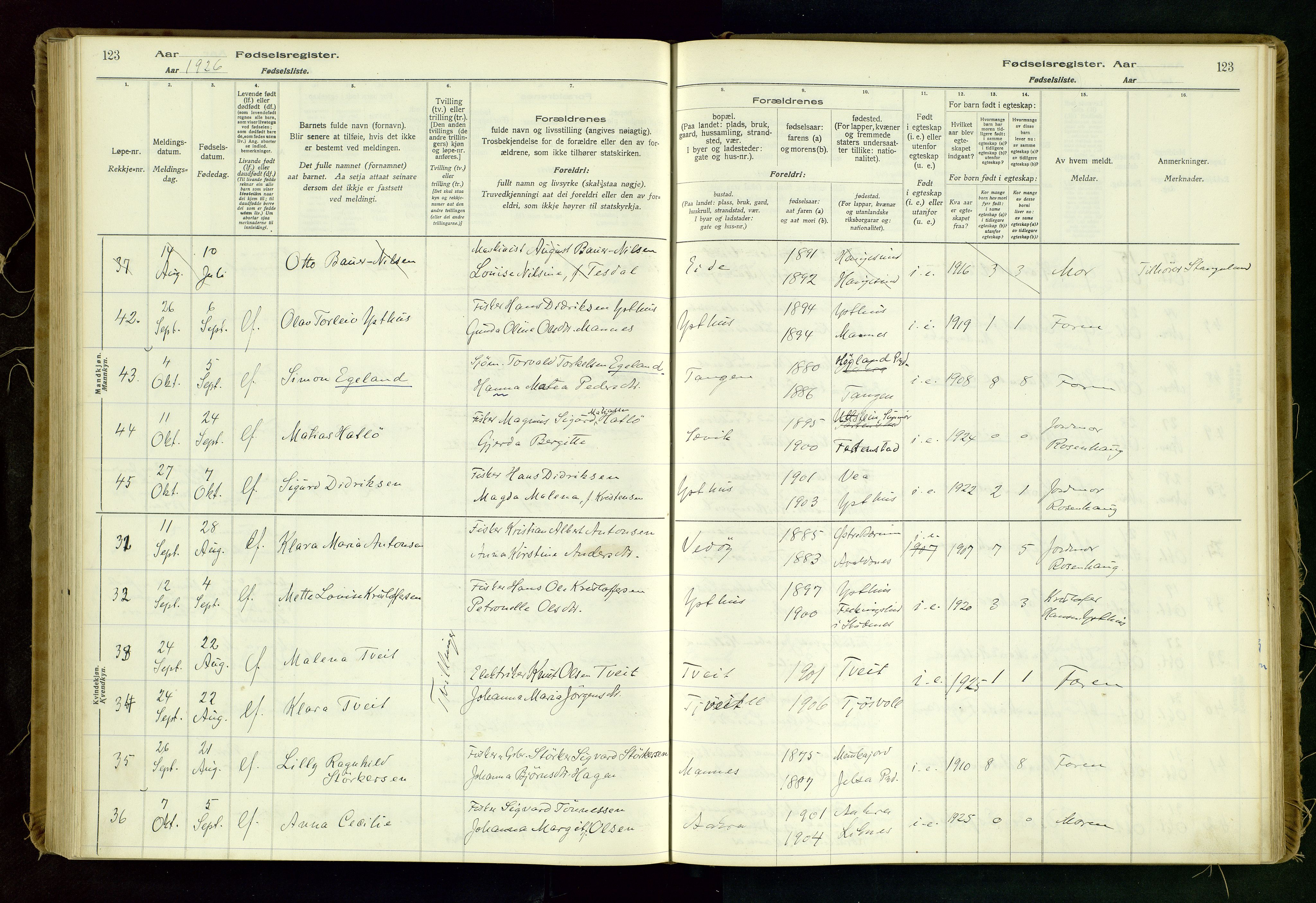 Kopervik sokneprestkontor, AV/SAST-A-101850/I/Id/L0006: Birth register no. 6, 1916-1934, p. 123