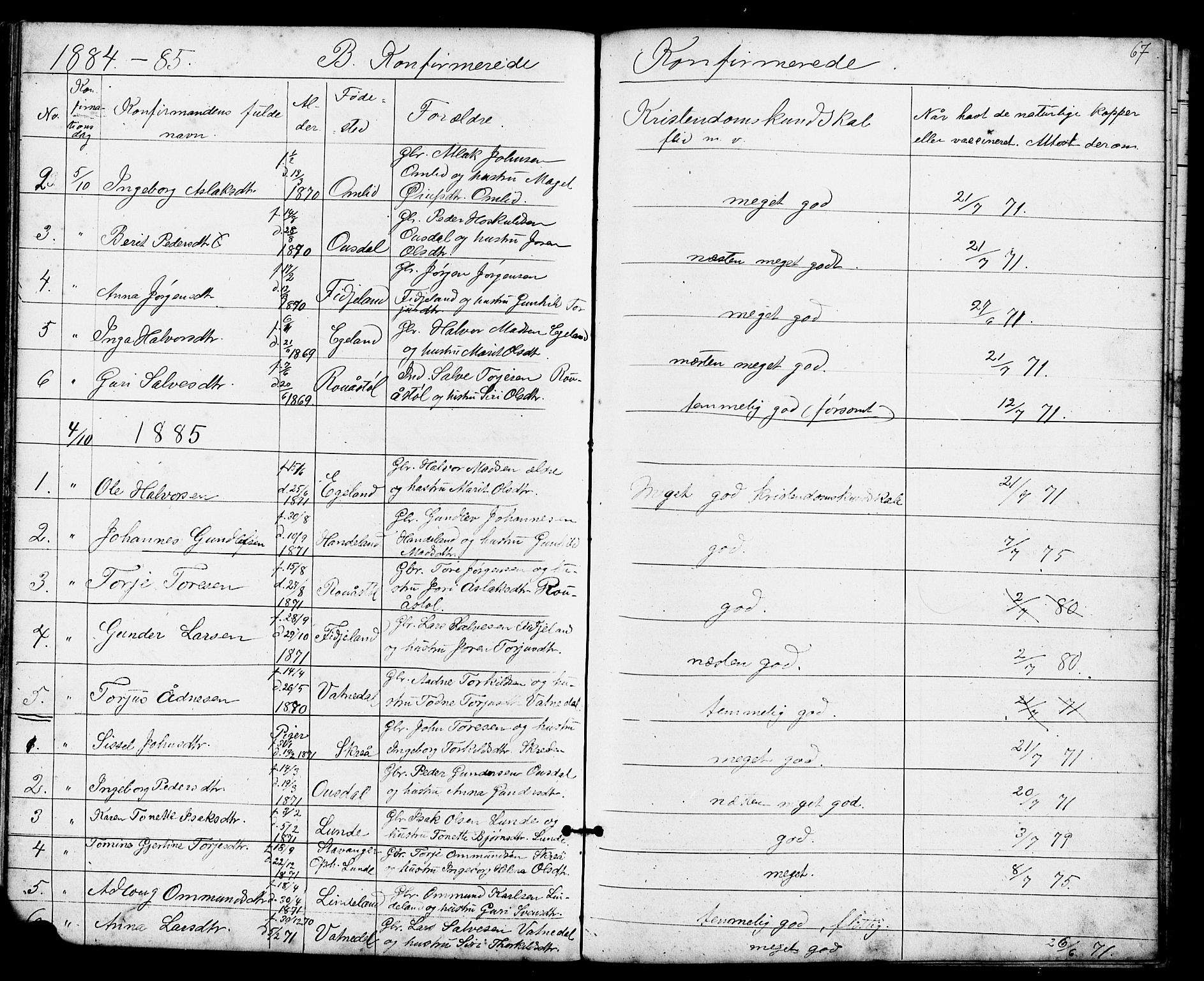 Sirdal sokneprestkontor, AV/SAK-1111-0036/F/Fb/Fba/L0001: Parish register (copy) no. B 1, 1872-1905, p. 67