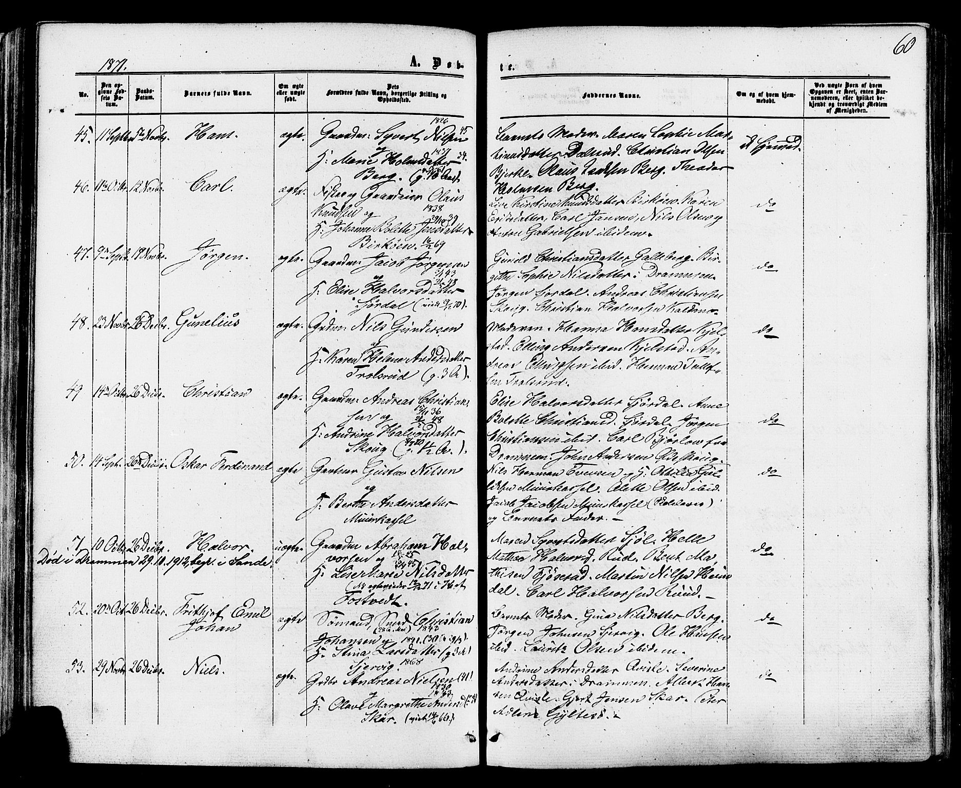 Sande Kirkebøker, SAKO/A-53/F/Fa/L0005: Parish register (official) no. 5, 1865-1877, p. 60