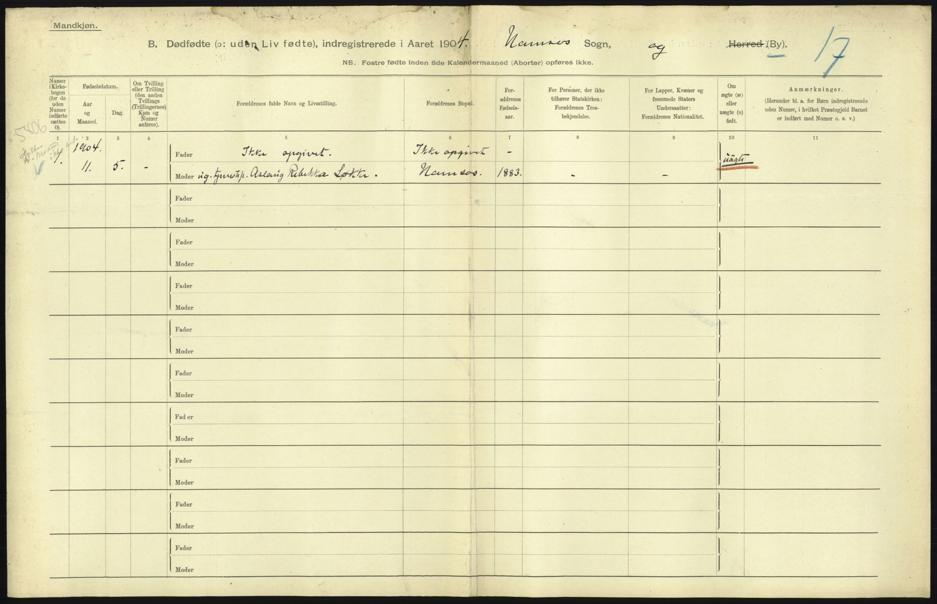 Statistisk sentralbyrå, Sosiodemografiske emner, Befolkning, RA/S-2228/D/Df/Dfa/Dfab/L0027: Smålenes amt - Finnmarkens amt: Dødfødte. Byer, 1904, p. 199