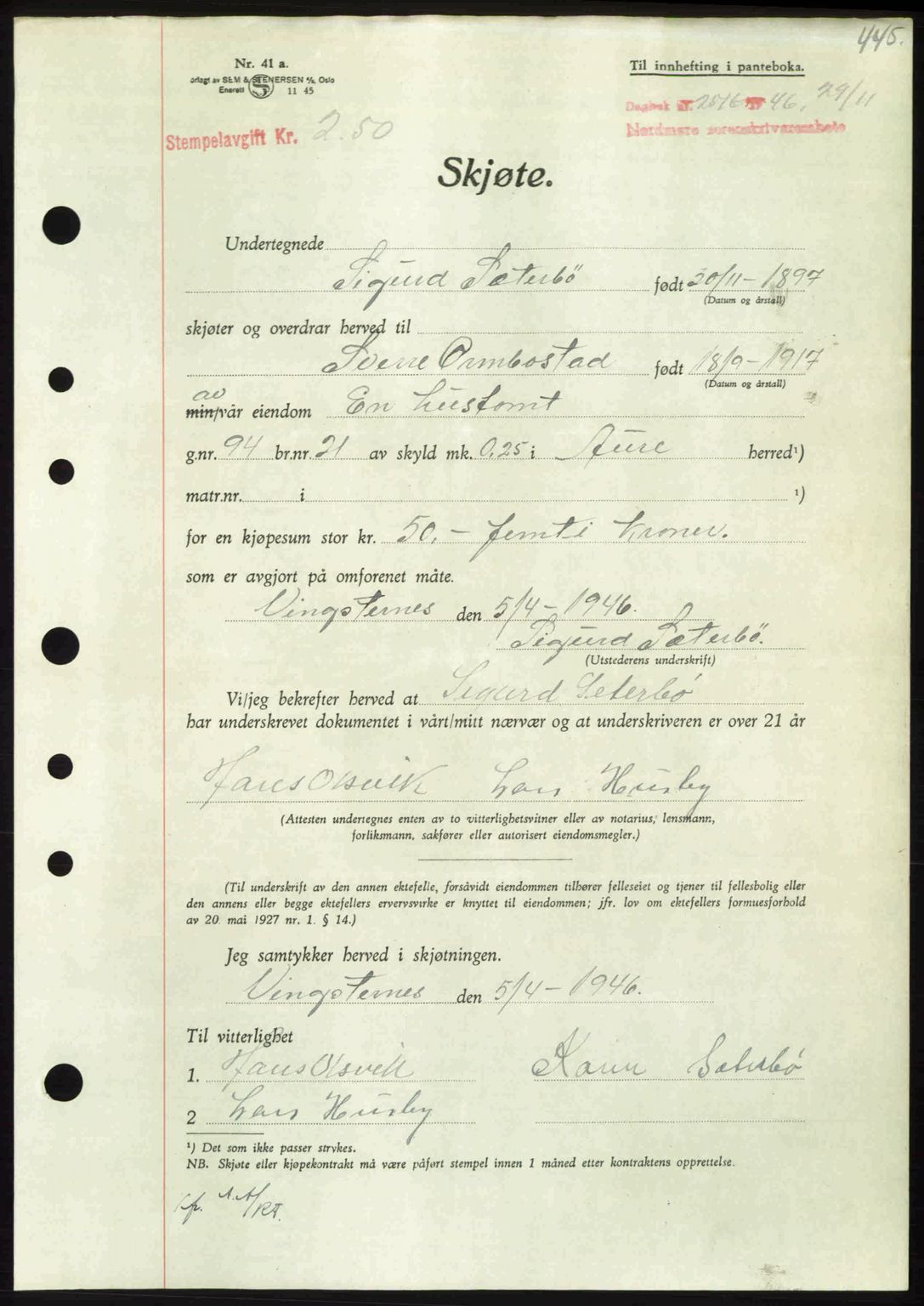 Nordmøre sorenskriveri, AV/SAT-A-4132/1/2/2Ca: Mortgage book no. A103, 1946-1947, Diary no: : 2516/1946