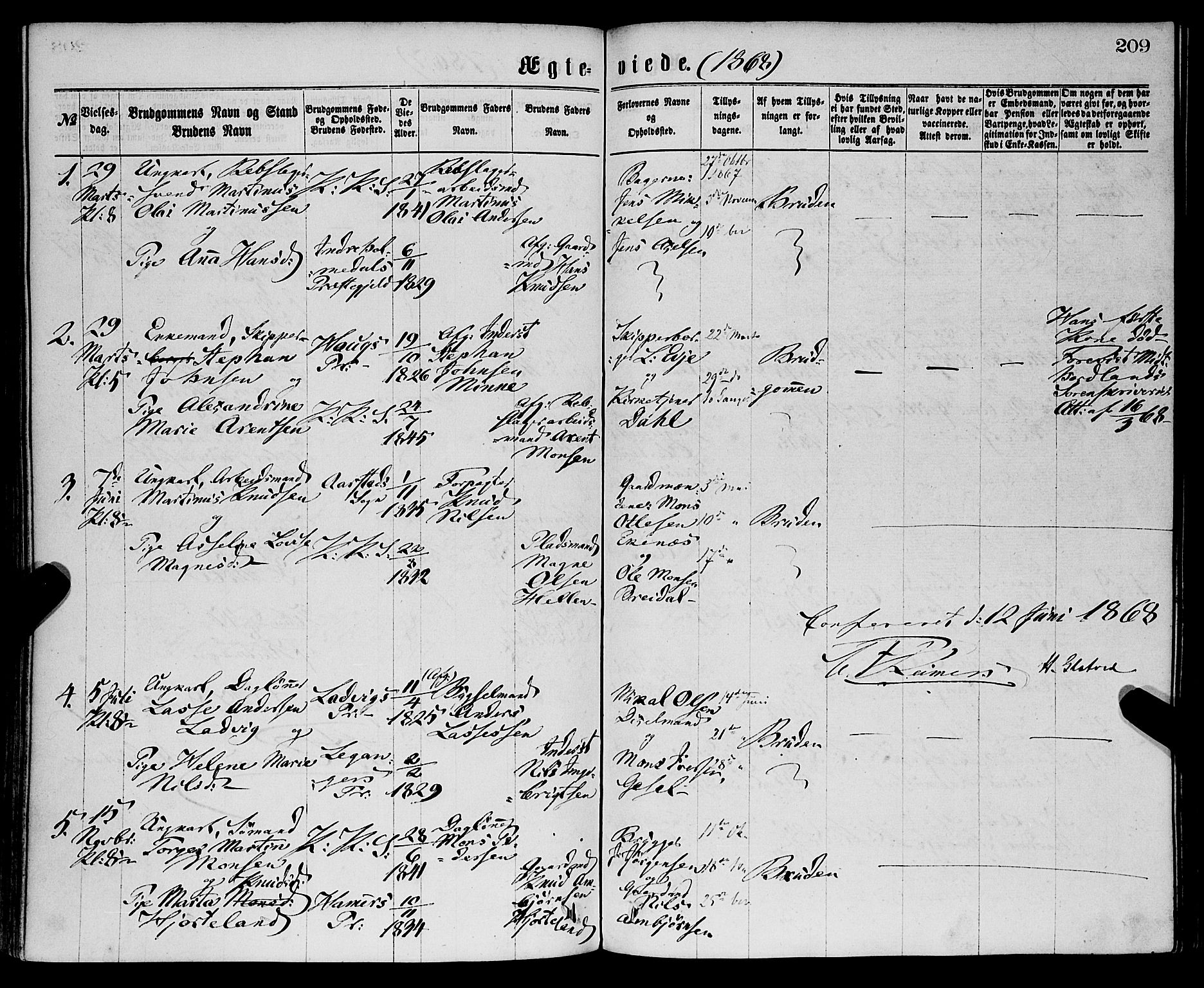 Sandviken Sokneprestembete, SAB/A-77601/H/Ha/L0001: Parish register (official) no. A 1, 1867-1877, p. 209