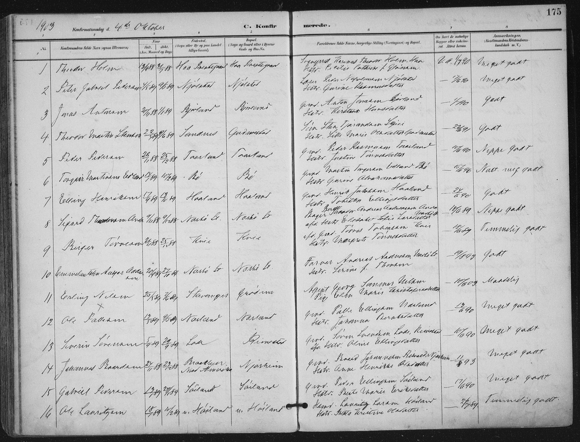Hå sokneprestkontor, SAST/A-101801/002/B/L0001: Parish register (official) no. A 11, 1897-1924, p. 175