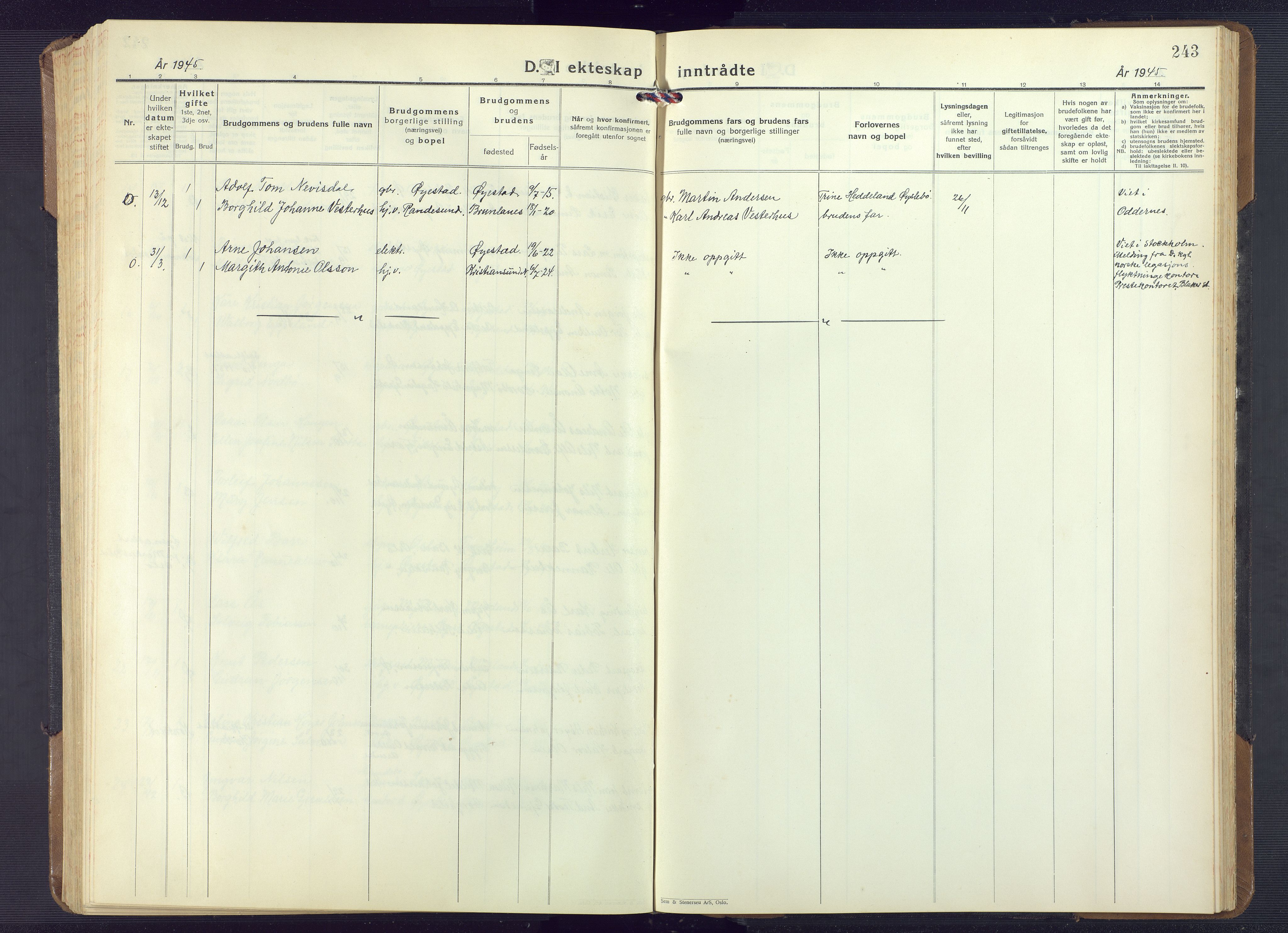 Øyestad sokneprestkontor, AV/SAK-1111-0049/F/Fb/L0013: Parish register (copy) no. B 13, 1933-1945, p. 243