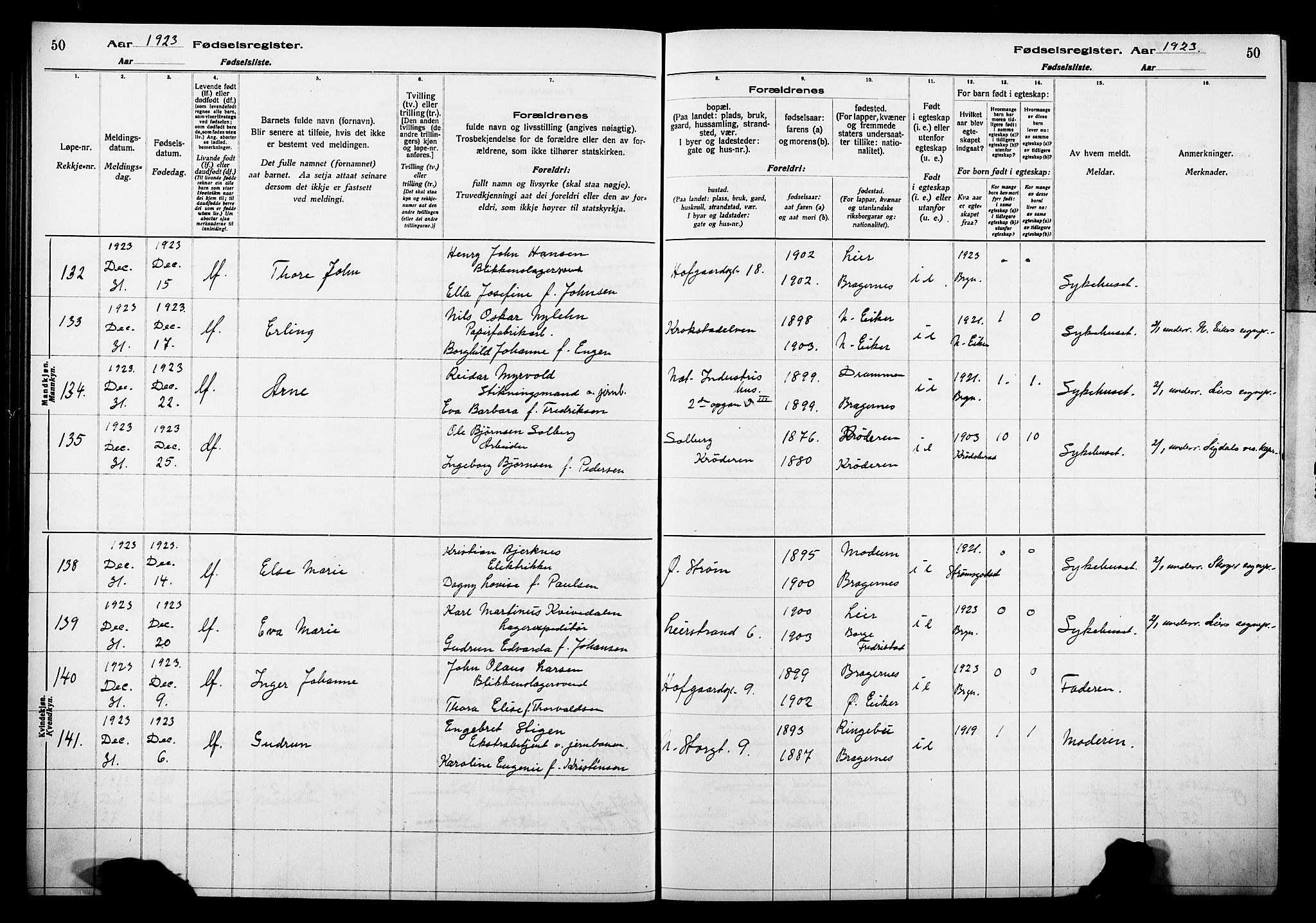 Bragernes kirkebøker, AV/SAKO-A-6/J/Ja/L0002: Birth register no. 2, 1922-1930, p. 50