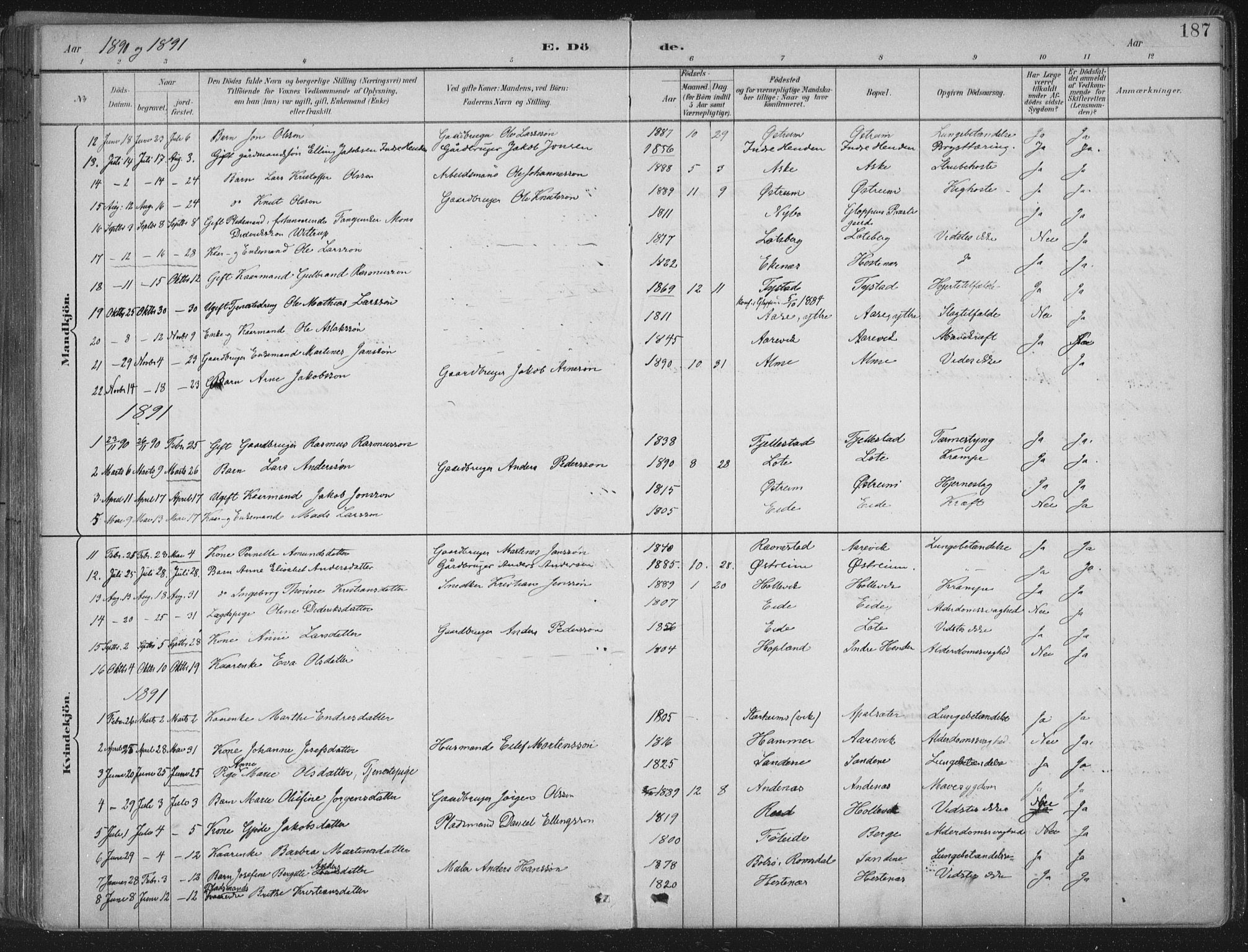 Gloppen sokneprestembete, AV/SAB-A-80101/H/Haa/Haab/L0001: Parish register (official) no. B  1, 1885-1905, p. 187