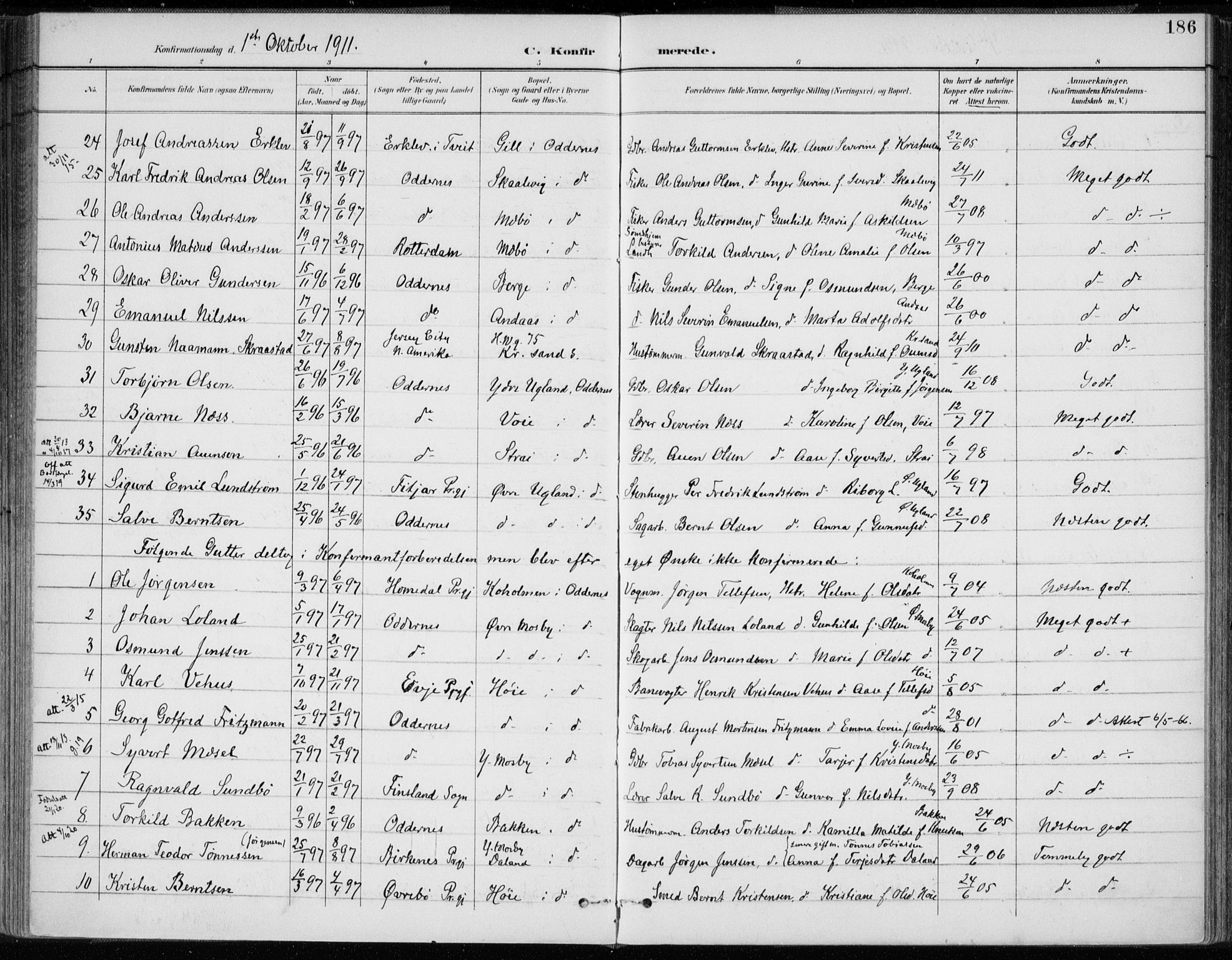 Oddernes sokneprestkontor, AV/SAK-1111-0033/F/Fa/Faa/L0010: Parish register (official) no. A 10, 1897-1911, p. 186