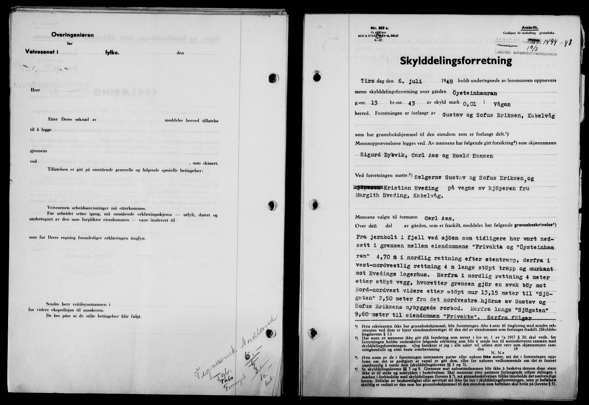 Lofoten sorenskriveri, SAT/A-0017/1/2/2C/L0018a: Mortgage book no. 18a, 1948-1948, Diary no: : 1494/1948