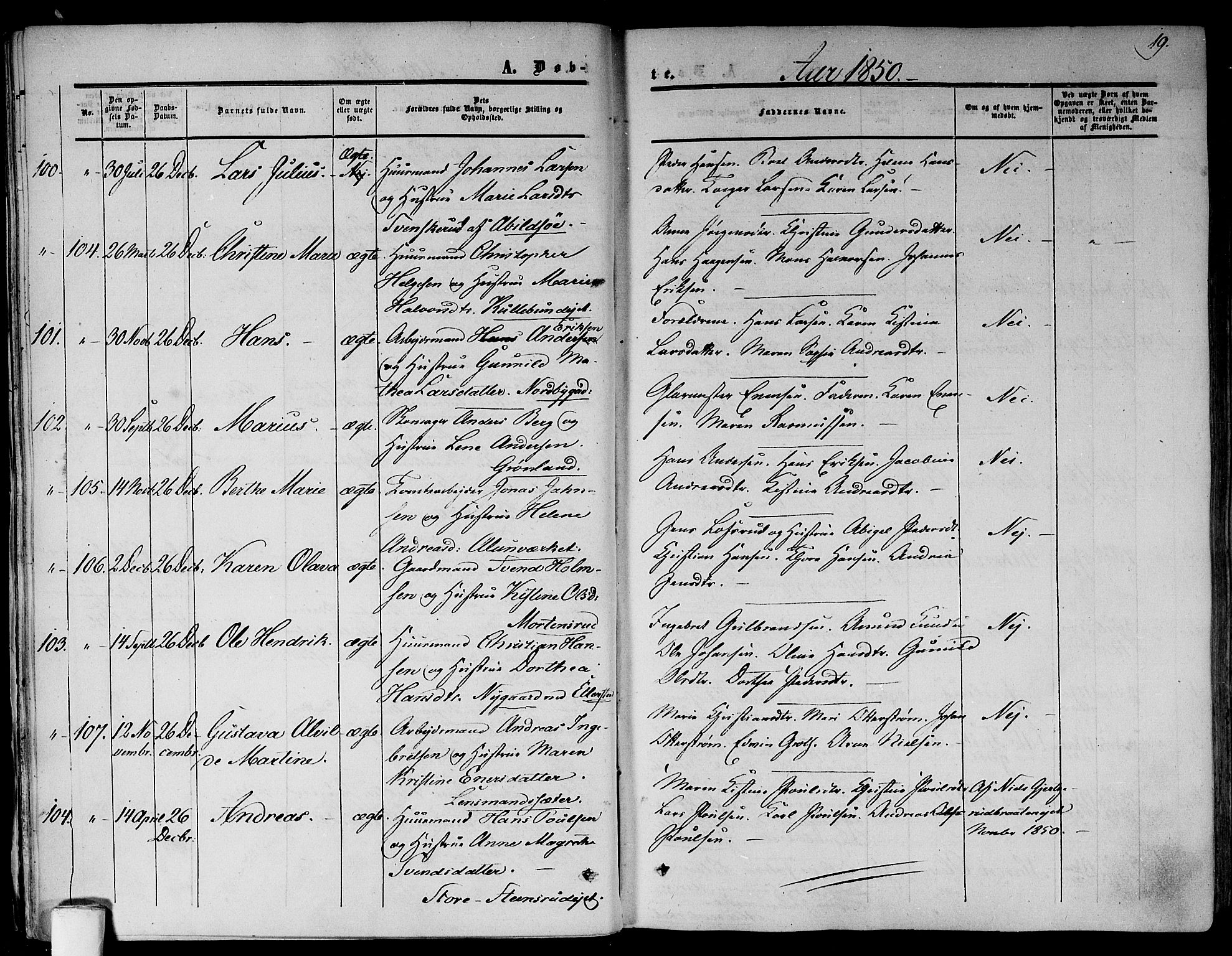 Gamlebyen prestekontor Kirkebøker, AV/SAO-A-10884/F/Fa/L0004: Parish register (official) no. 4, 1850-1857, p. 19