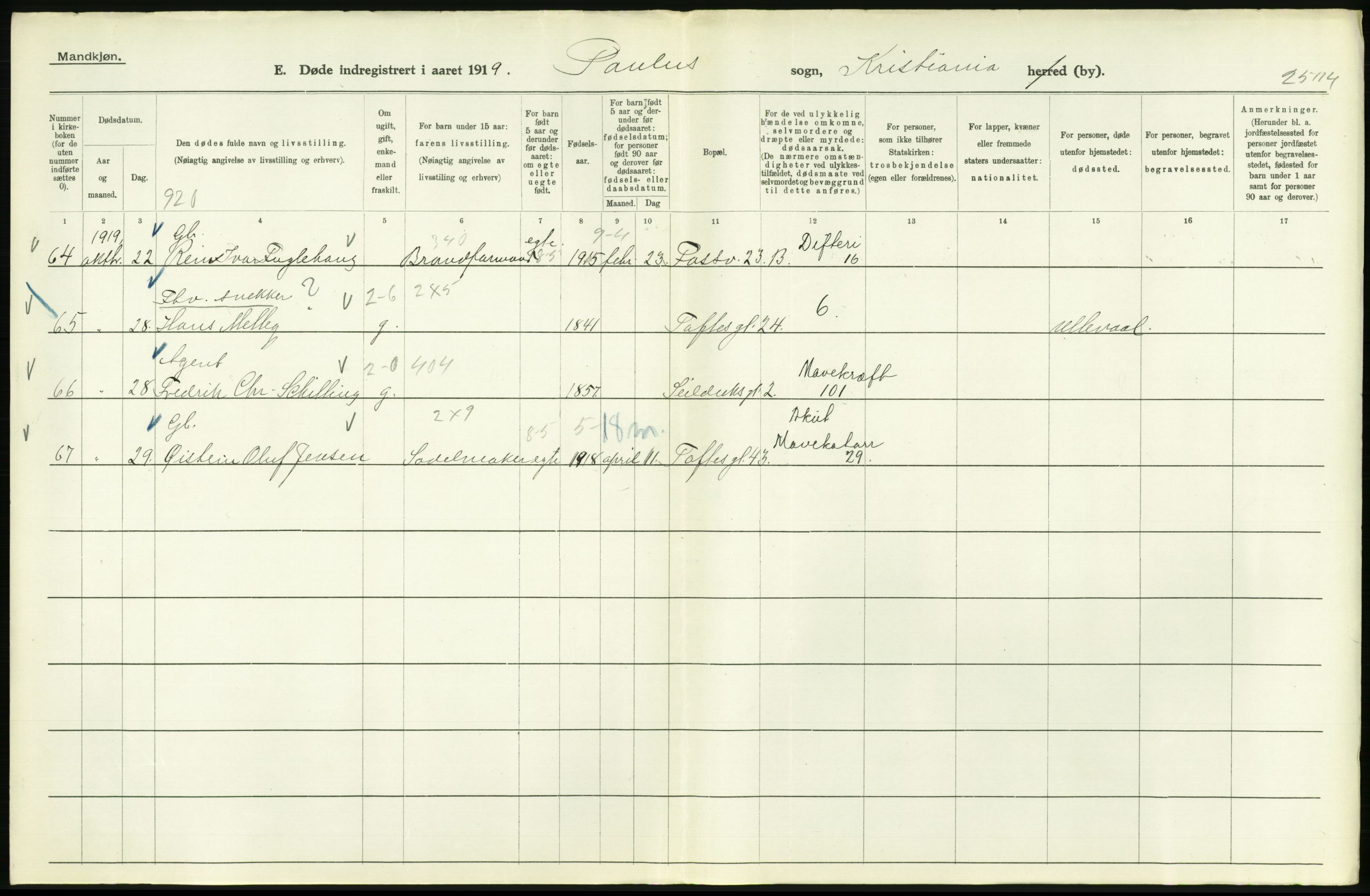 Statistisk sentralbyrå, Sosiodemografiske emner, Befolkning, AV/RA-S-2228/D/Df/Dfb/Dfbi/L0010: Kristiania: Døde, 1919, p. 292