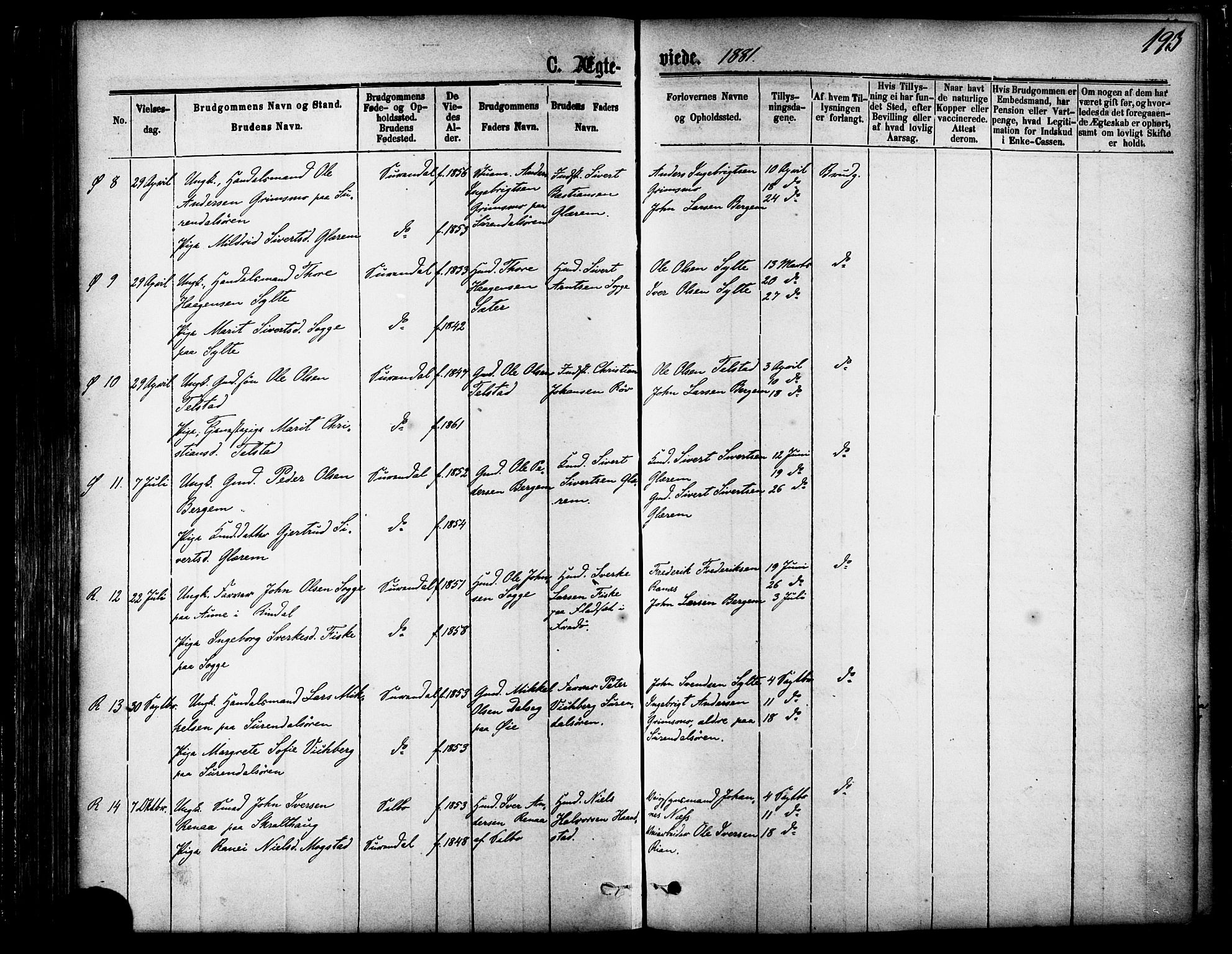 Ministerialprotokoller, klokkerbøker og fødselsregistre - Møre og Romsdal, SAT/A-1454/595/L1046: Parish register (official) no. 595A08, 1874-1884, p. 193