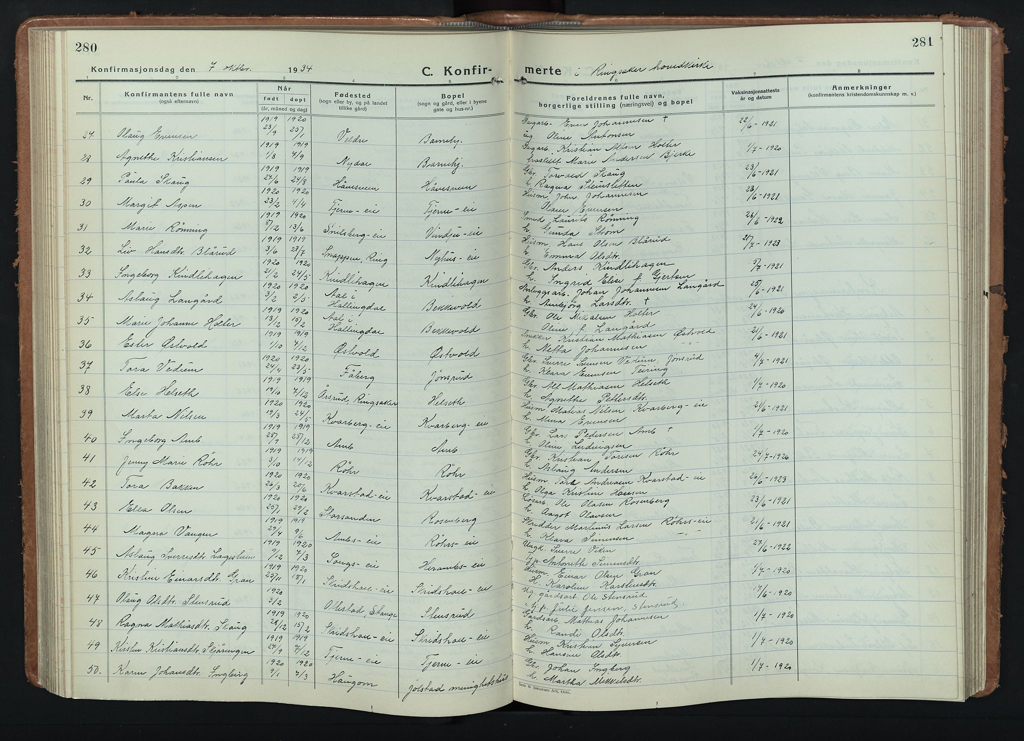 Ringsaker prestekontor, AV/SAH-PREST-014/L/La/L0020: Parish register (copy) no. 20, 1934-1946, p. 280-281