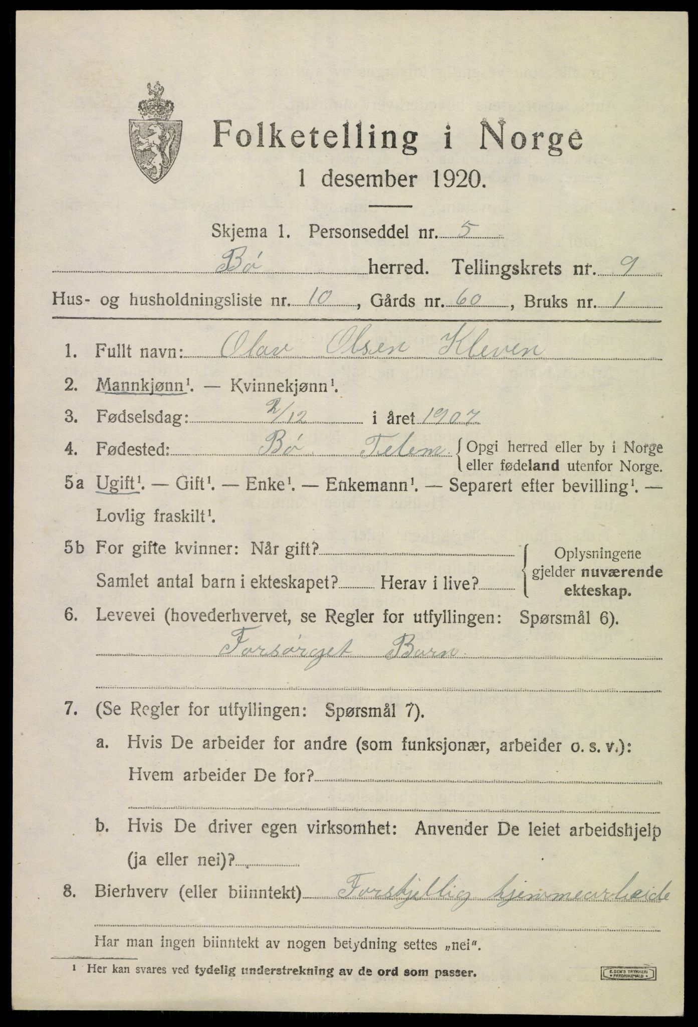 SAKO, 1920 census for Bø (Telemark), 1920, p. 6526