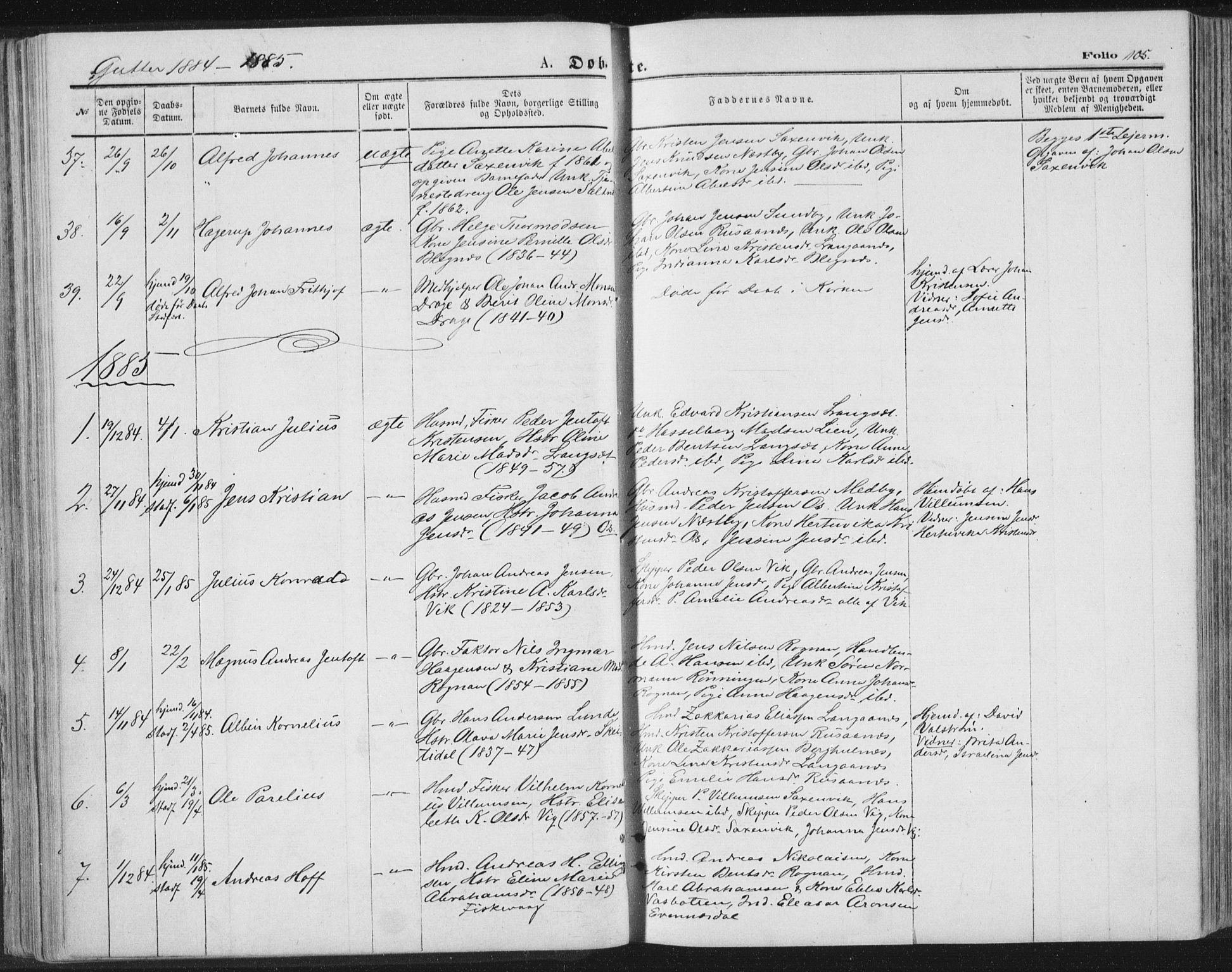 Ministerialprotokoller, klokkerbøker og fødselsregistre - Nordland, SAT/A-1459/847/L0668: Parish register (official) no. 847A08, 1872-1886, p. 105