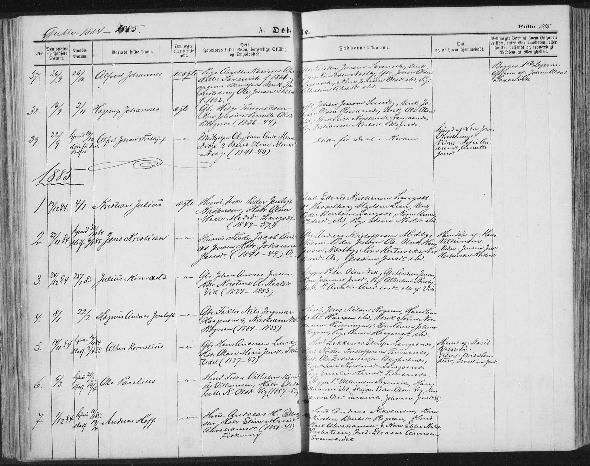 Ministerialprotokoller, klokkerbøker og fødselsregistre - Nordland, AV/SAT-A-1459/847/L0668: Parish register (official) no. 847A08, 1872-1886, p. 105