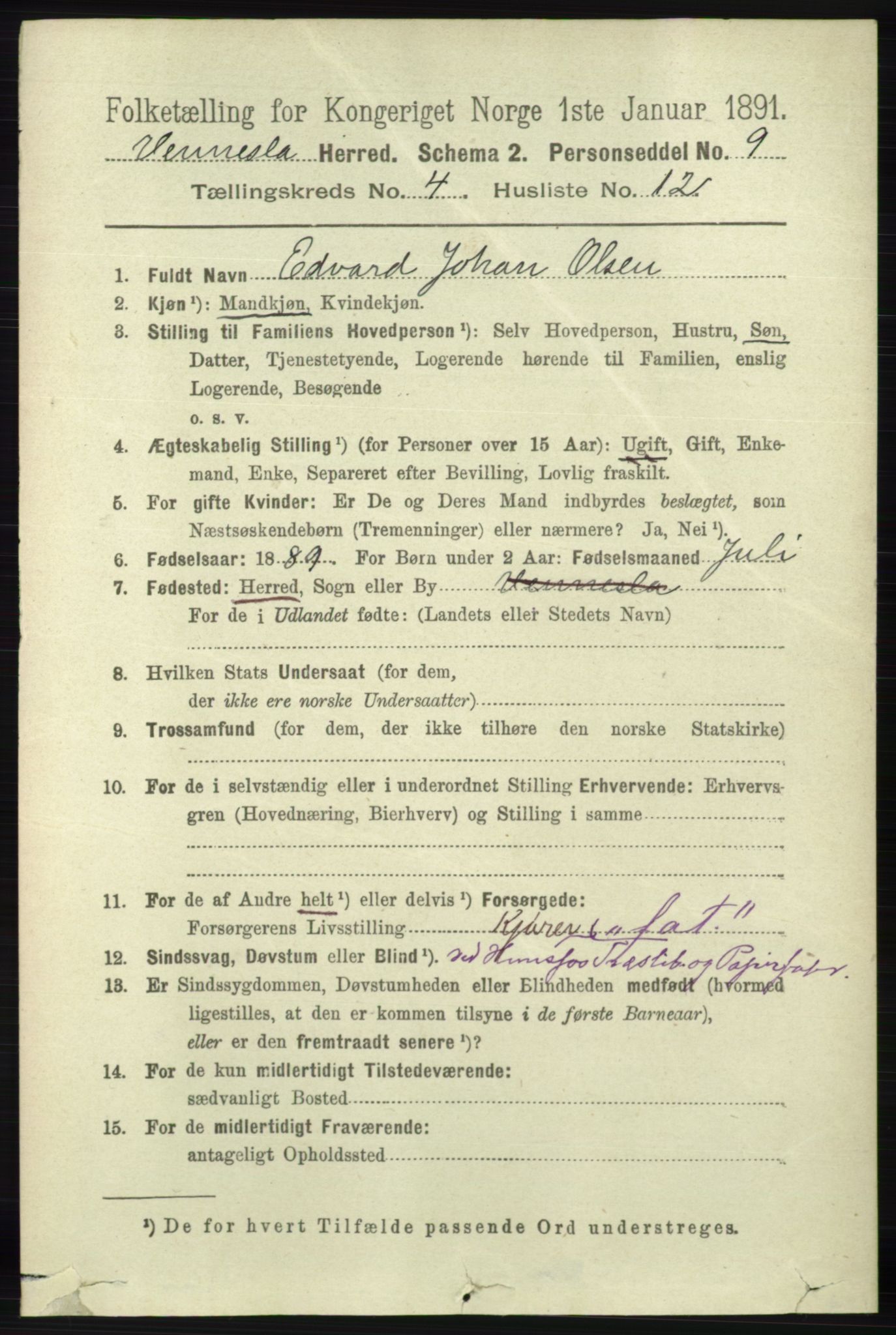 RA, 1891 census for 1014 Vennesla, 1891, p. 1151