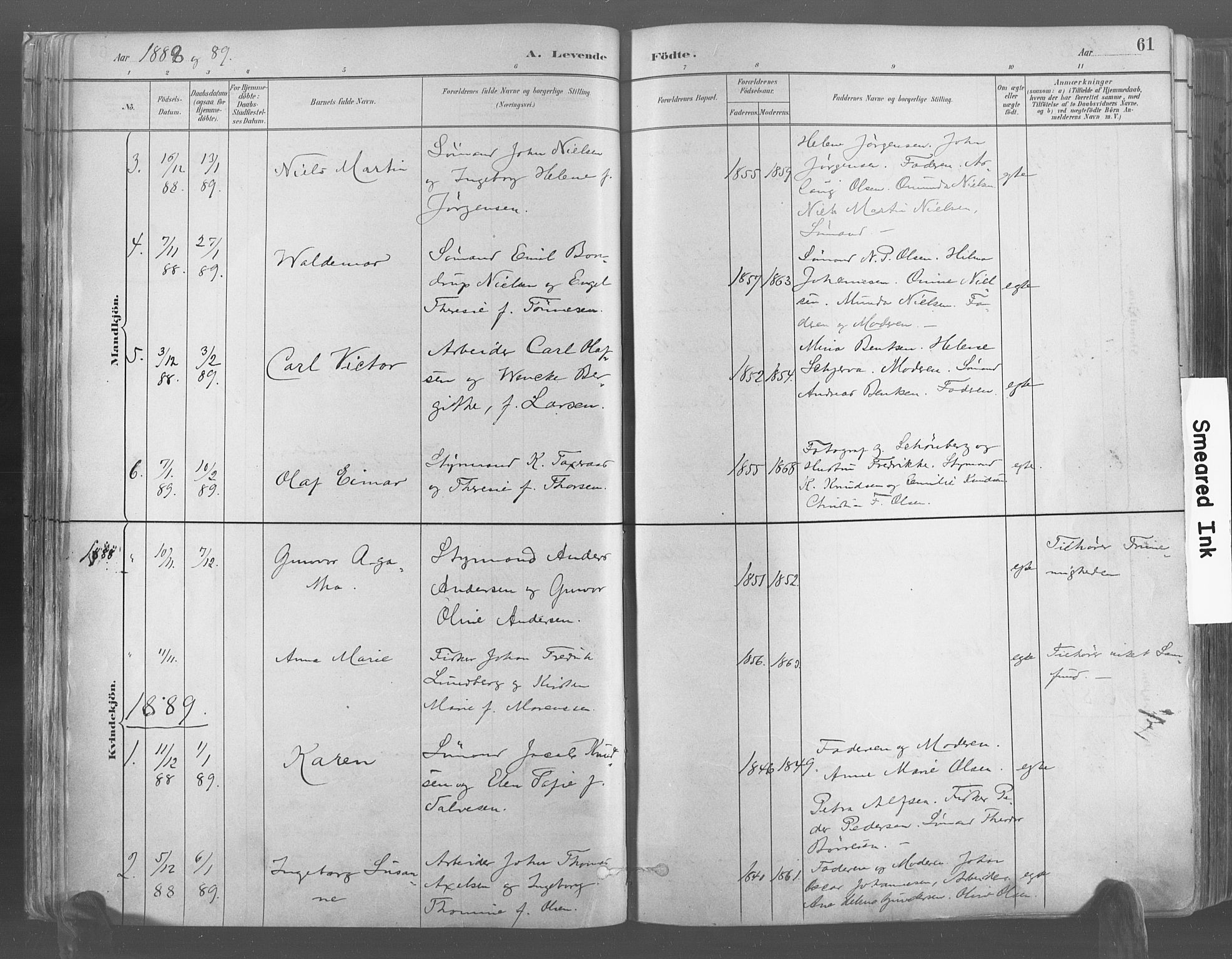 Risør sokneprestkontor, AV/SAK-1111-0035/F/Fa/L0005: Parish register (official) no. A 5, 1883-1895, p. 61