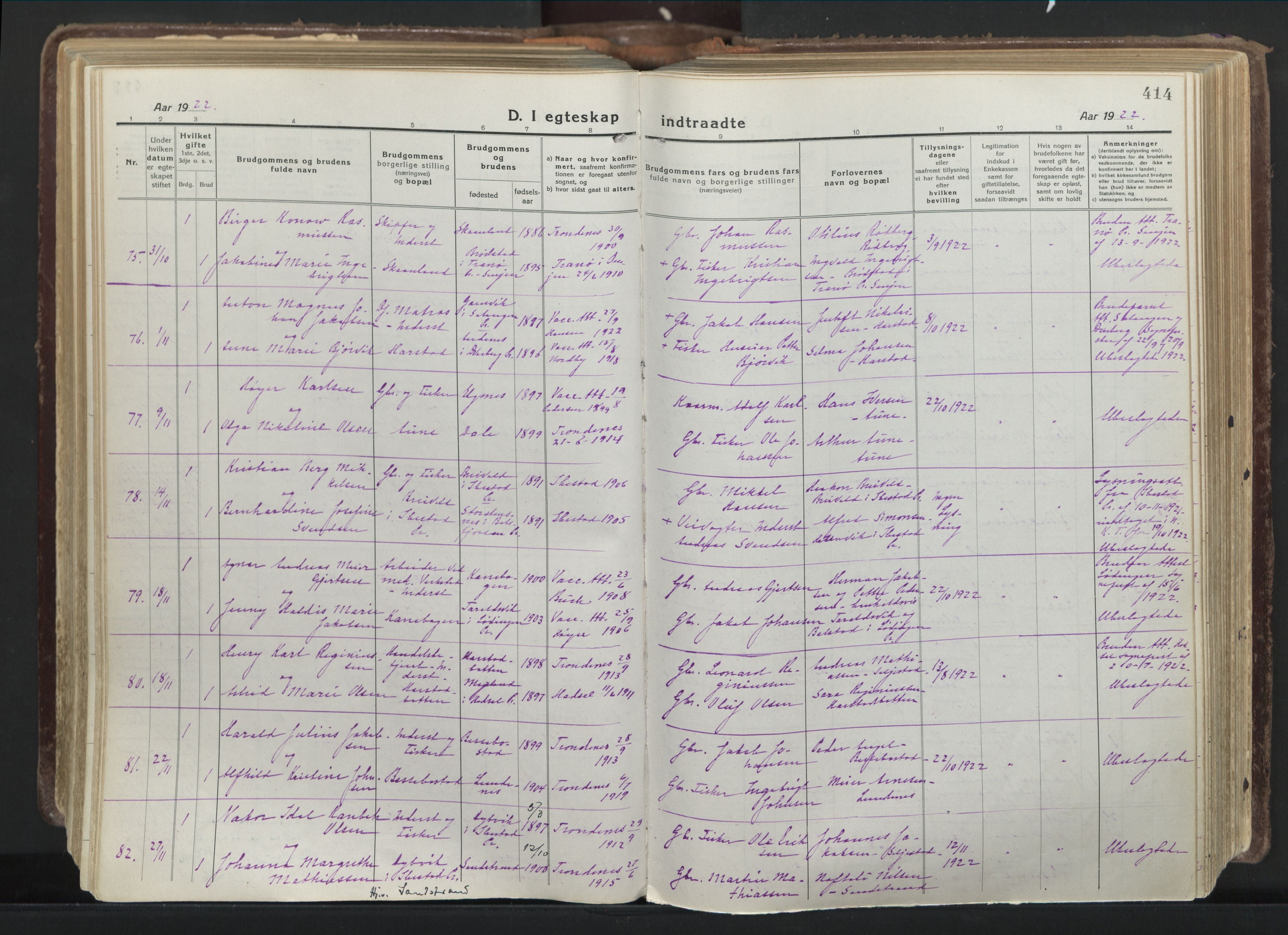 Trondenes sokneprestkontor, SATØ/S-1319/H/Ha/L0019kirke: Parish register (official) no. 19, 1919-1928, p. 414