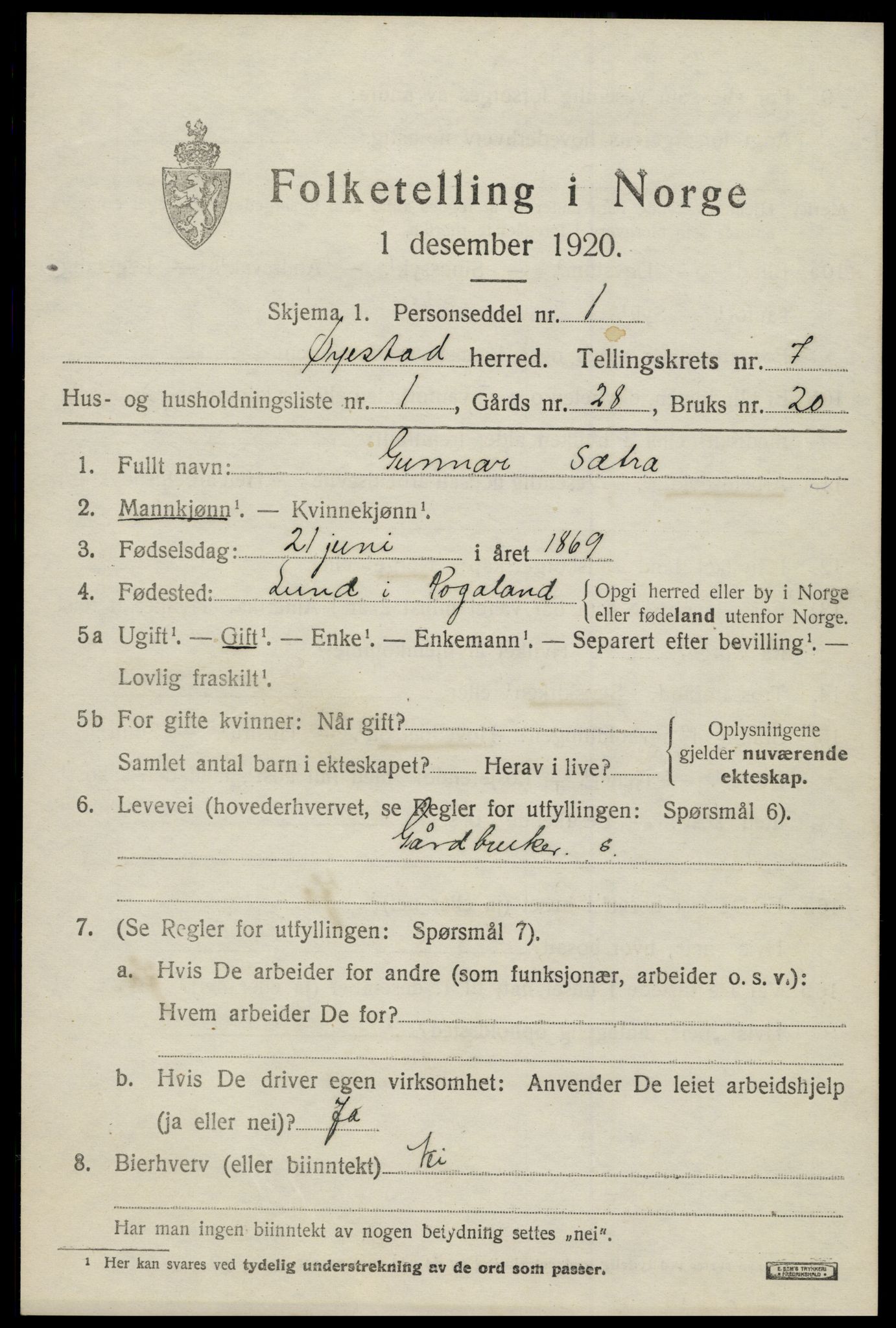 SAK, 1920 census for Øyestad, 1920, p. 4858