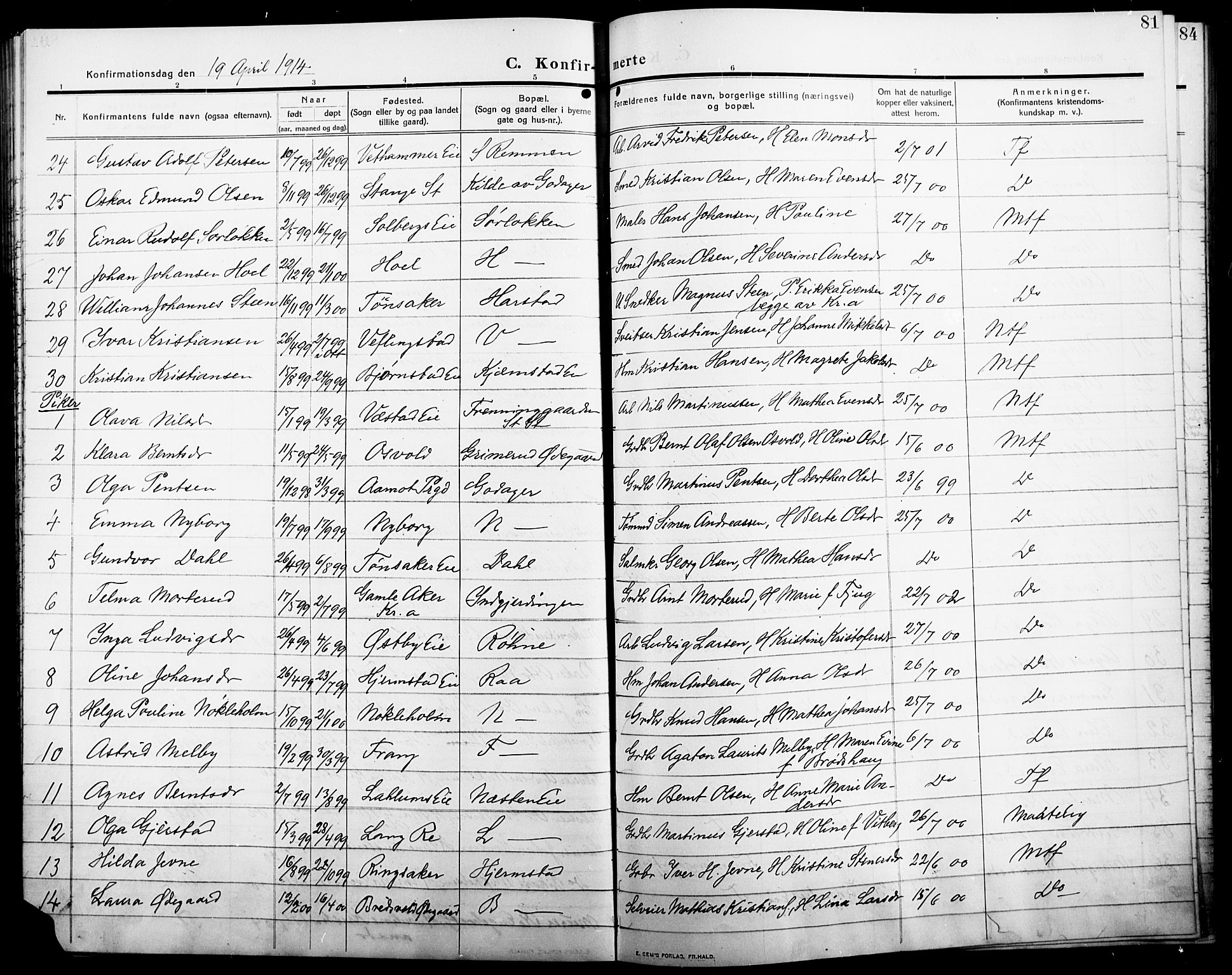 Stange prestekontor, AV/SAH-PREST-002/L/L0014: Parish register (copy) no. 14, 1909-1917, p. 81