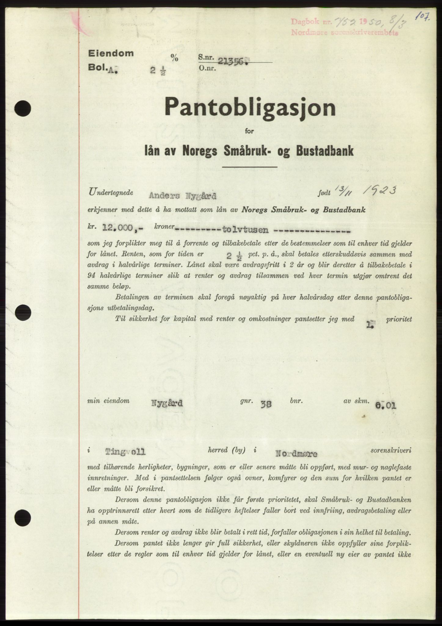 Nordmøre sorenskriveri, AV/SAT-A-4132/1/2/2Ca: Mortgage book no. B104, 1950-1950, Diary no: : 752/1950