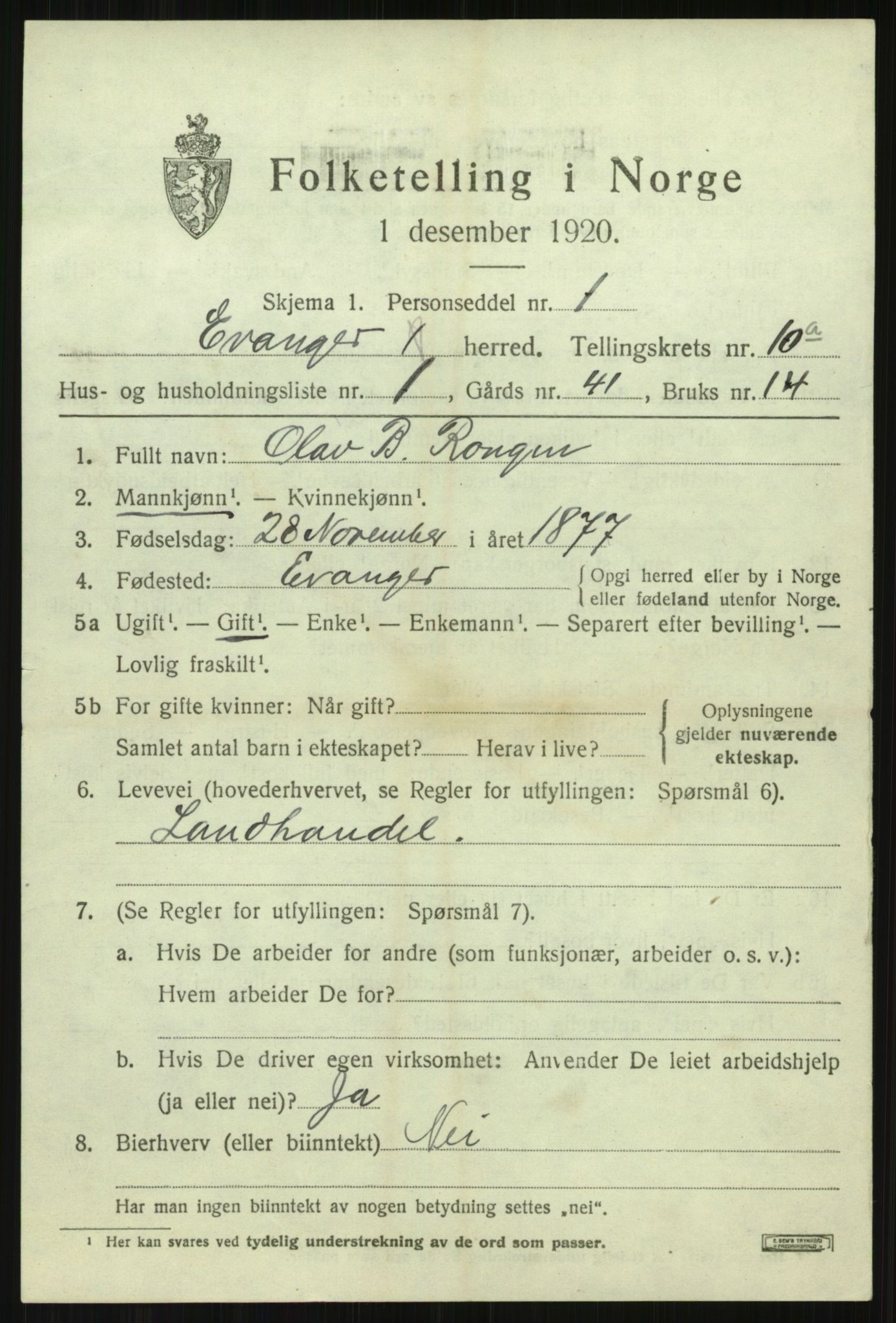 SAB, 1920 census for Evanger, 1920, p. 3023