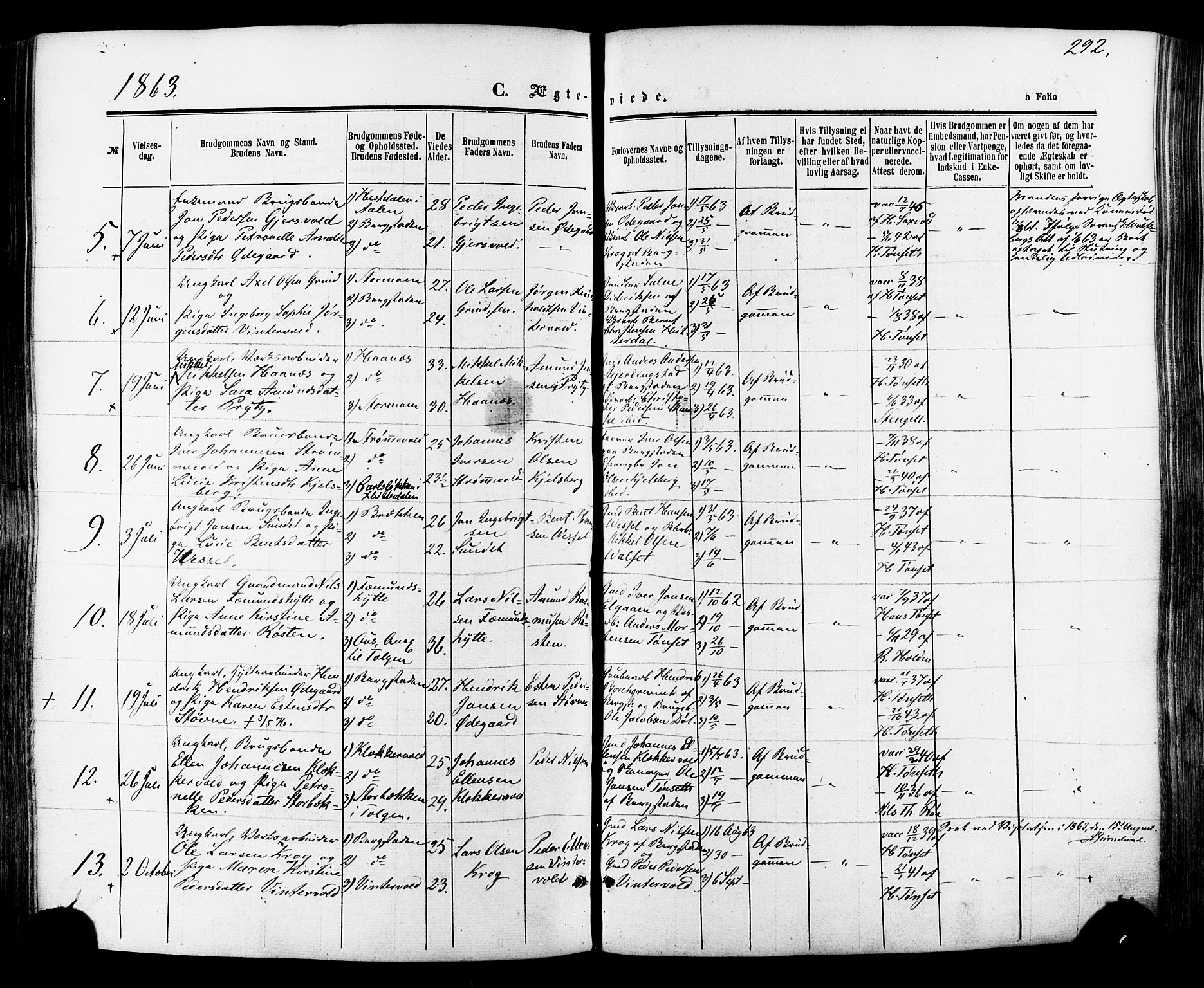 Ministerialprotokoller, klokkerbøker og fødselsregistre - Sør-Trøndelag, SAT/A-1456/681/L0932: Parish register (official) no. 681A10, 1860-1878, p. 292