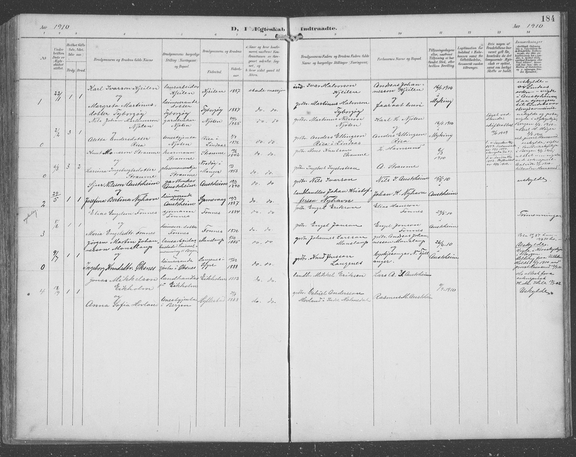 Lindås Sokneprestembete, SAB/A-76701/H/Hab: Parish register (copy) no. C 4, 1894-1910, p. 184