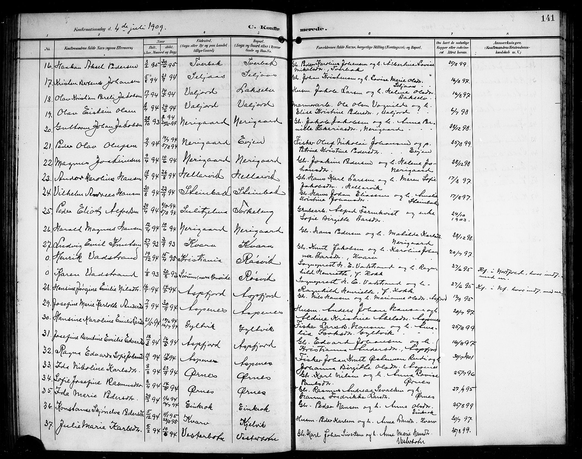 Ministerialprotokoller, klokkerbøker og fødselsregistre - Nordland, AV/SAT-A-1459/854/L0786: Parish register (copy) no. 854C02, 1901-1912, p. 141