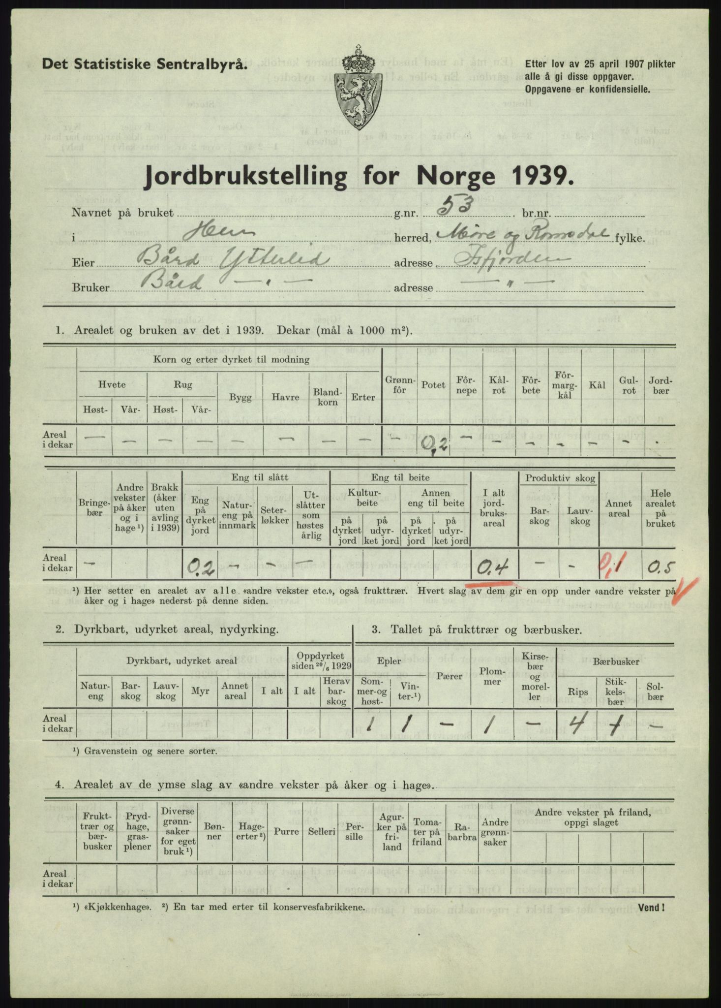 Statistisk sentralbyrå, Næringsøkonomiske emner, Jordbruk, skogbruk, jakt, fiske og fangst, AV/RA-S-2234/G/Gb/L0251: Møre og Romsdal: Voll, Eid, Grytten og Hen, 1939, p. 1033