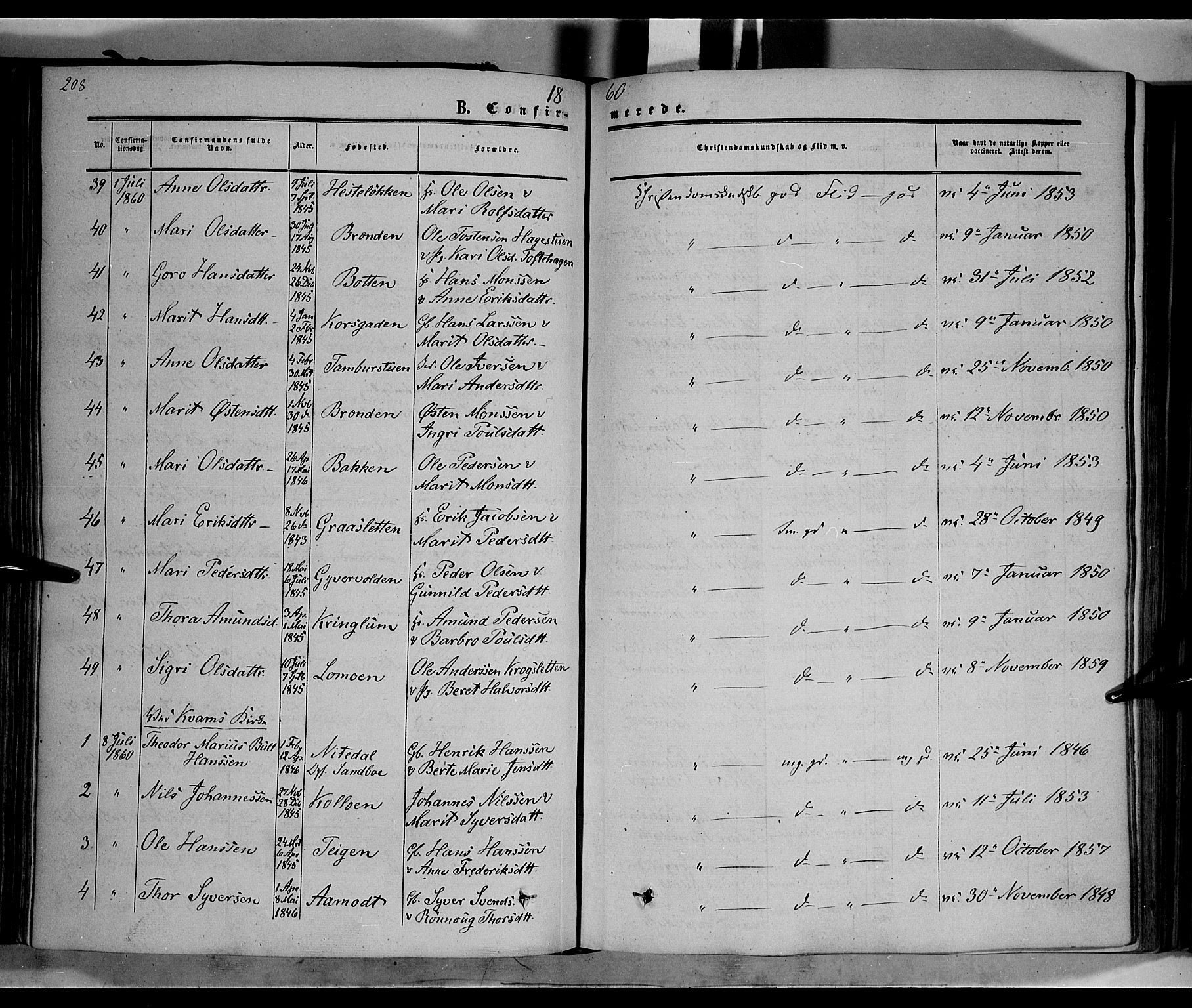 Nord-Fron prestekontor, AV/SAH-PREST-080/H/Ha/Haa/L0001: Parish register (official) no. 1, 1851-1864, p. 208