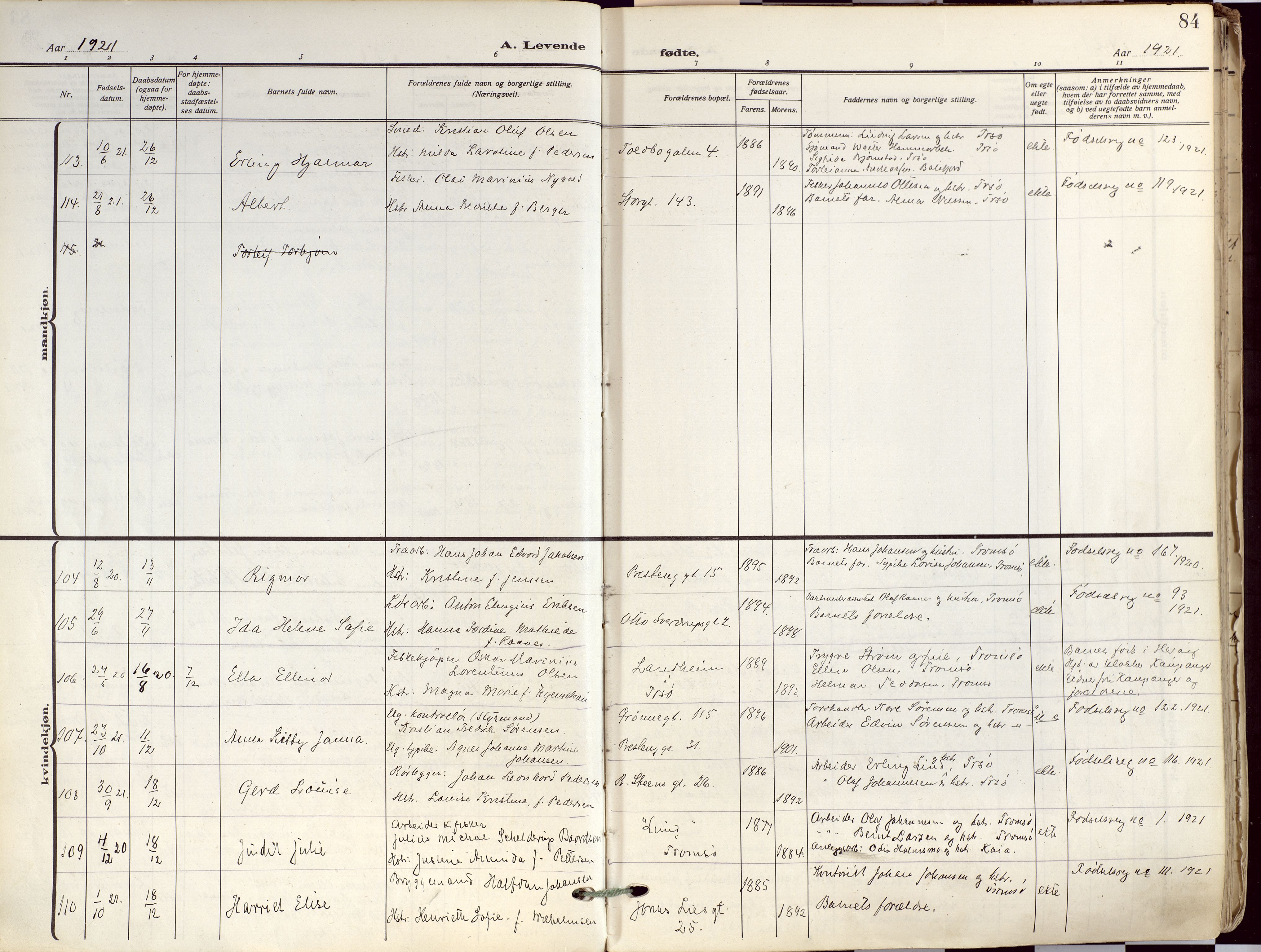 Tromsø sokneprestkontor/stiftsprosti/domprosti, AV/SATØ-S-1343/G/Ga/L0019kirke: Parish register (official) no. 19, 1917-1927, p. 84