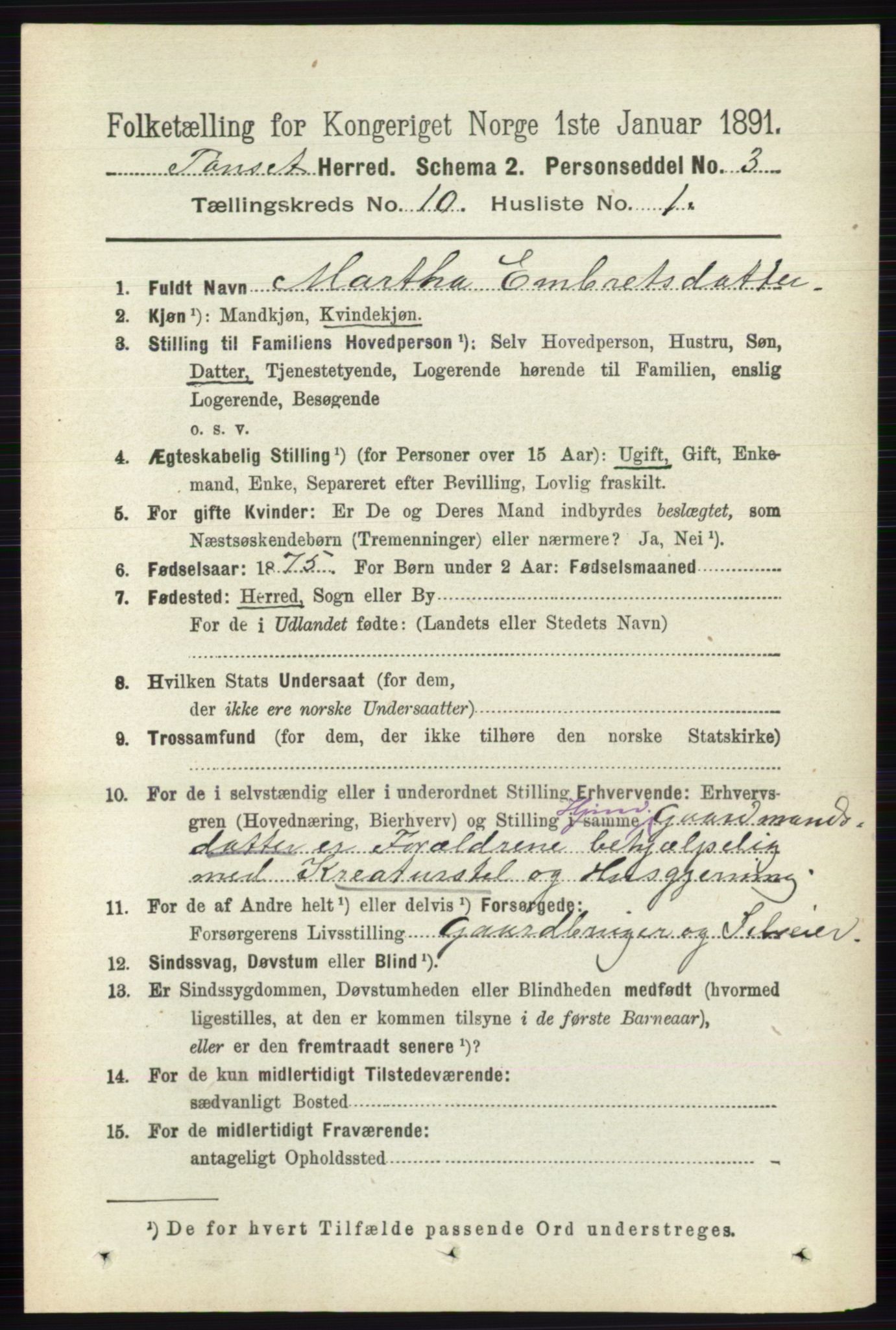 RA, 1891 census for 0437 Tynset, 1891, p. 2841