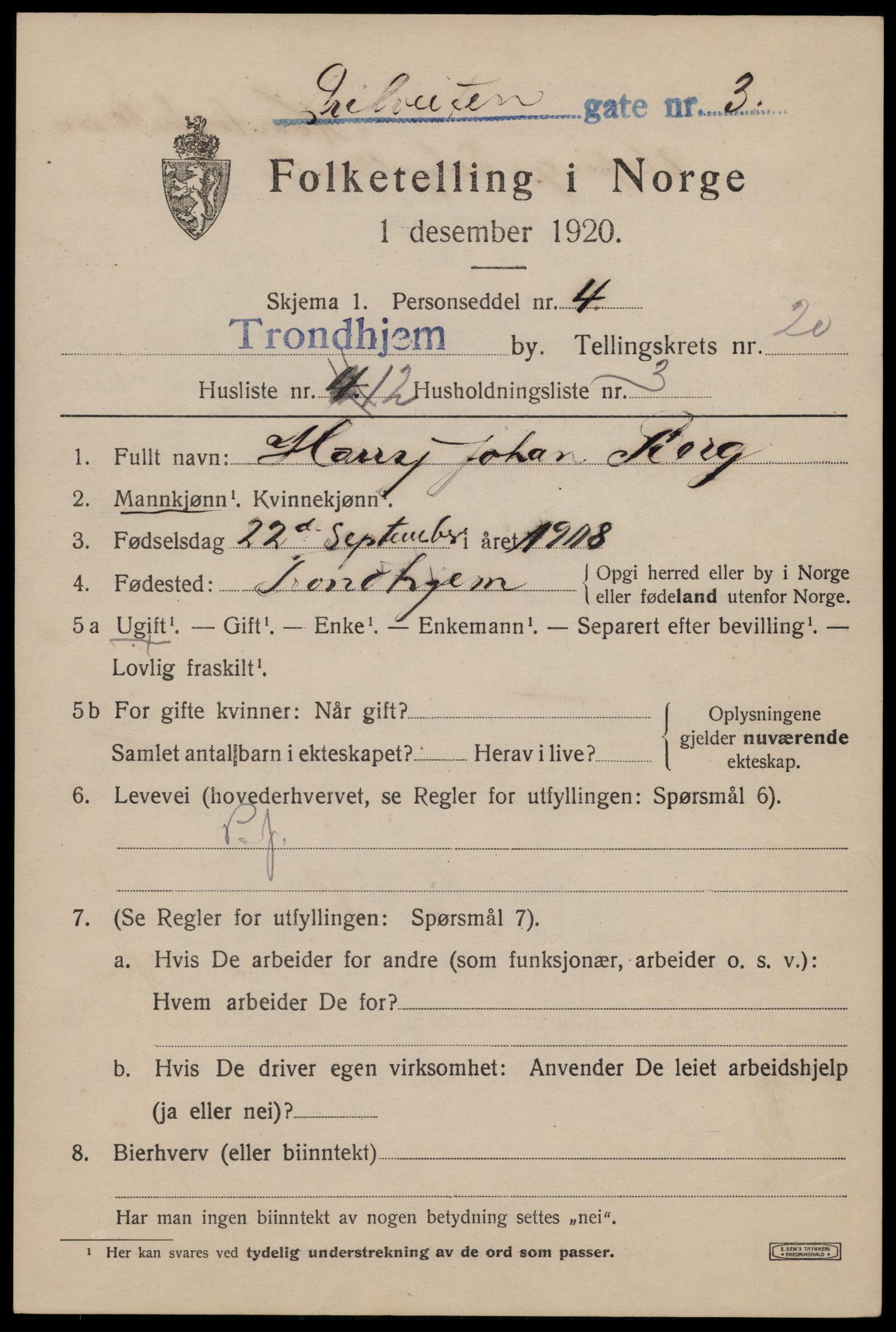 SAT, 1920 census for Trondheim, 1920, p. 59898