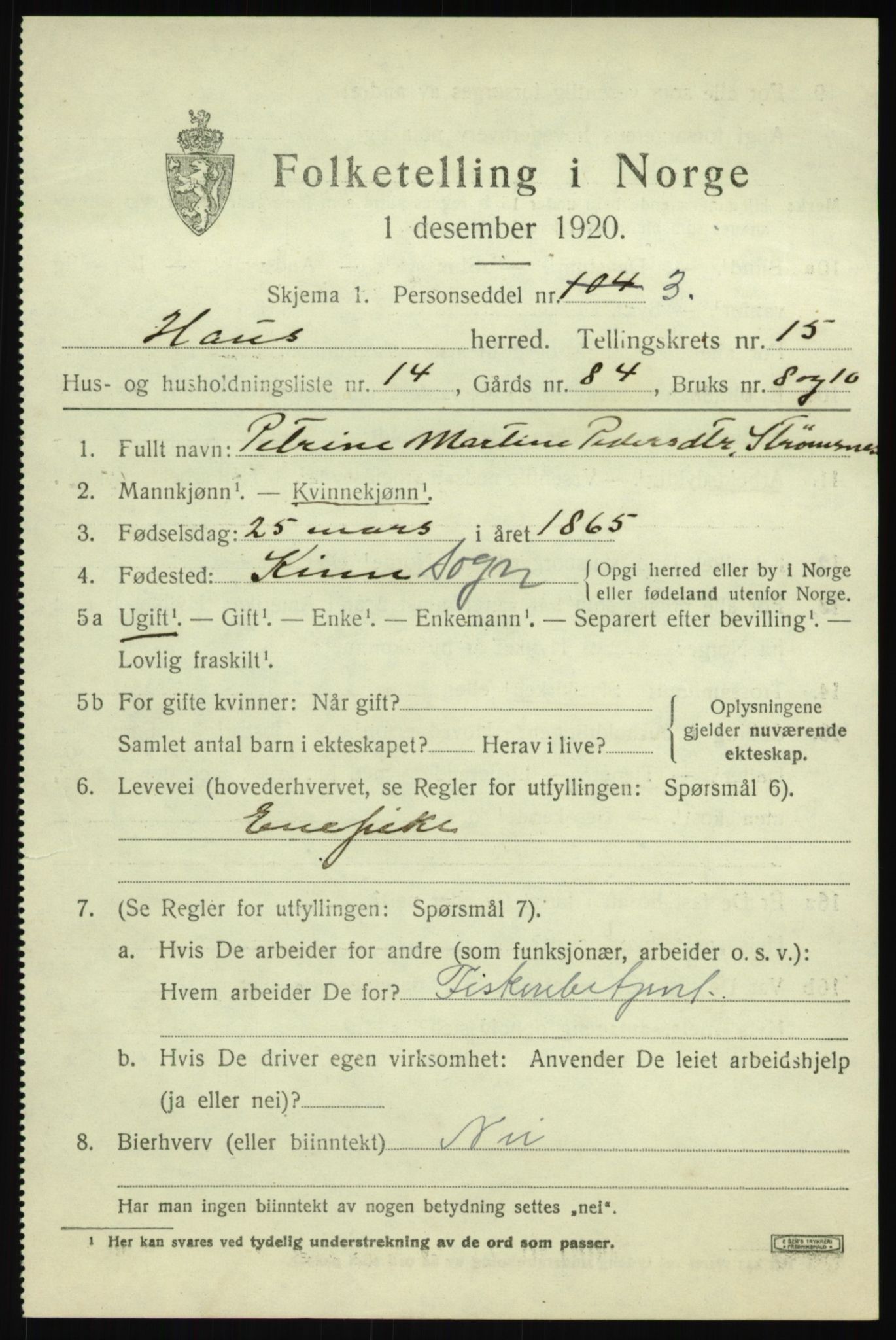 SAB, 1920 census for Haus, 1920, p. 9396