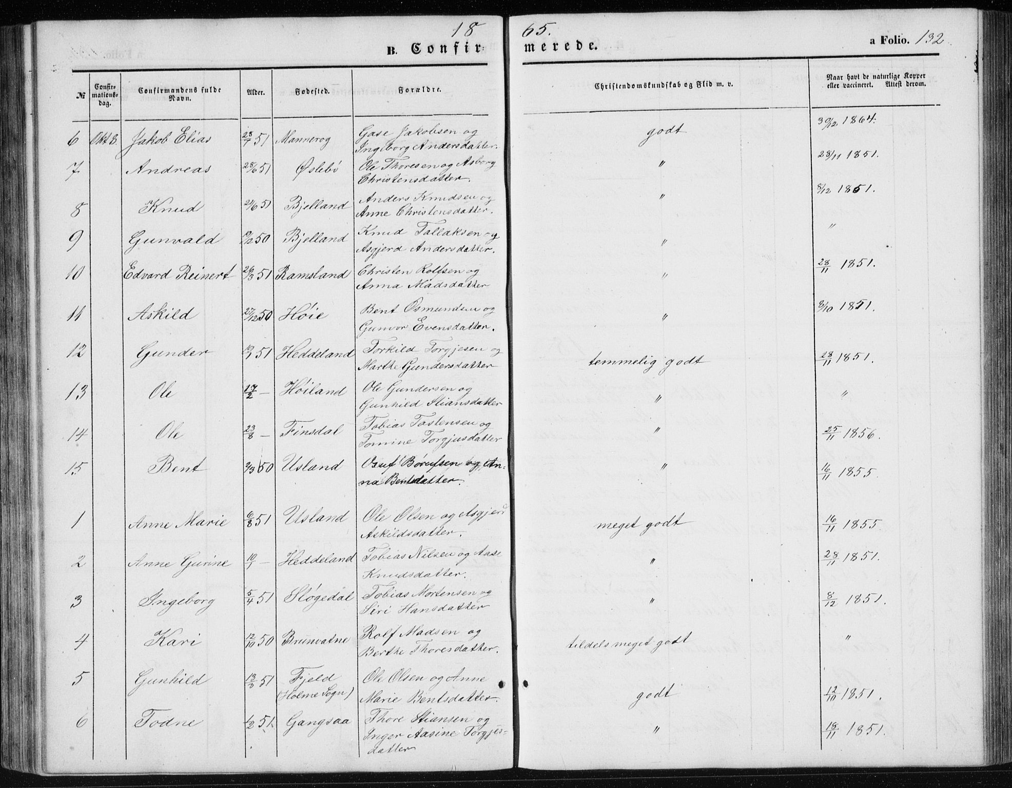 Holum sokneprestkontor, AV/SAK-1111-0022/F/Fb/Fbc/L0002: Parish register (copy) no. B 2, 1860-1882, p. 132