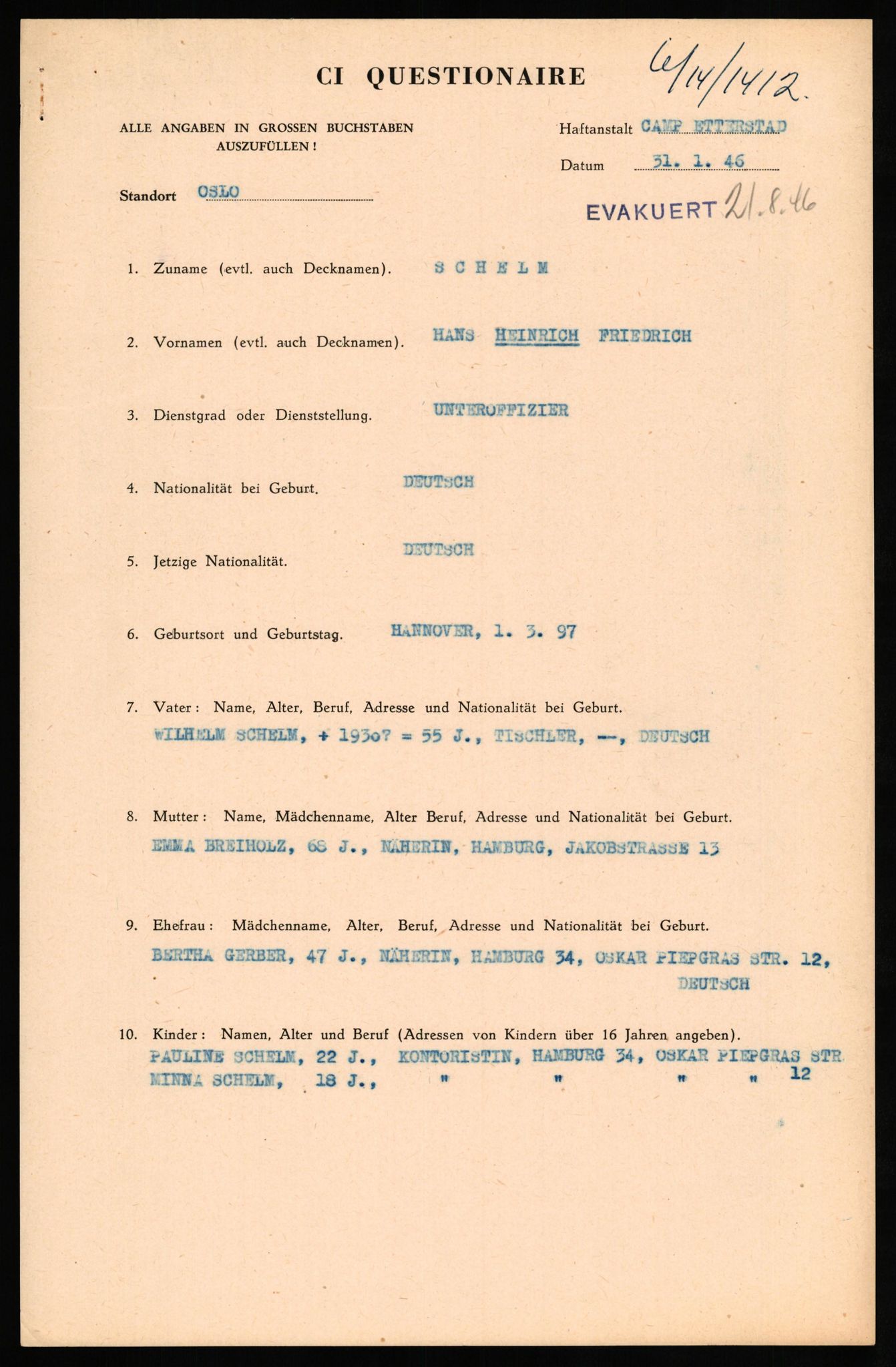 Forsvaret, Forsvarets overkommando II, RA/RAFA-3915/D/Db/L0029: CI Questionaires. Tyske okkupasjonsstyrker i Norge. Tyskere., 1945-1946, p. 125