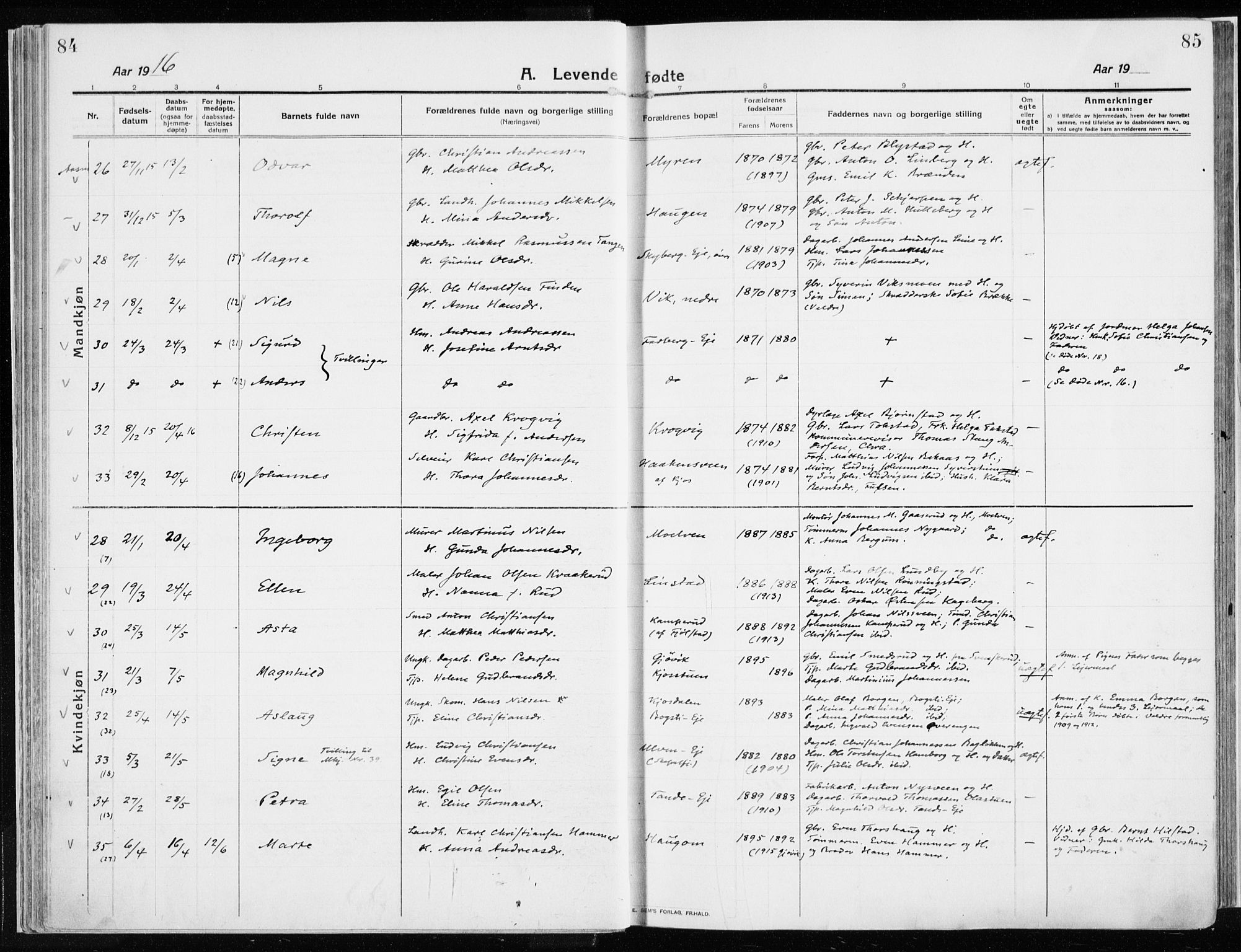 Ringsaker prestekontor, AV/SAH-PREST-014/K/Ka/L0020: Parish register (official) no. 20, 1913-1922, p. 84-85