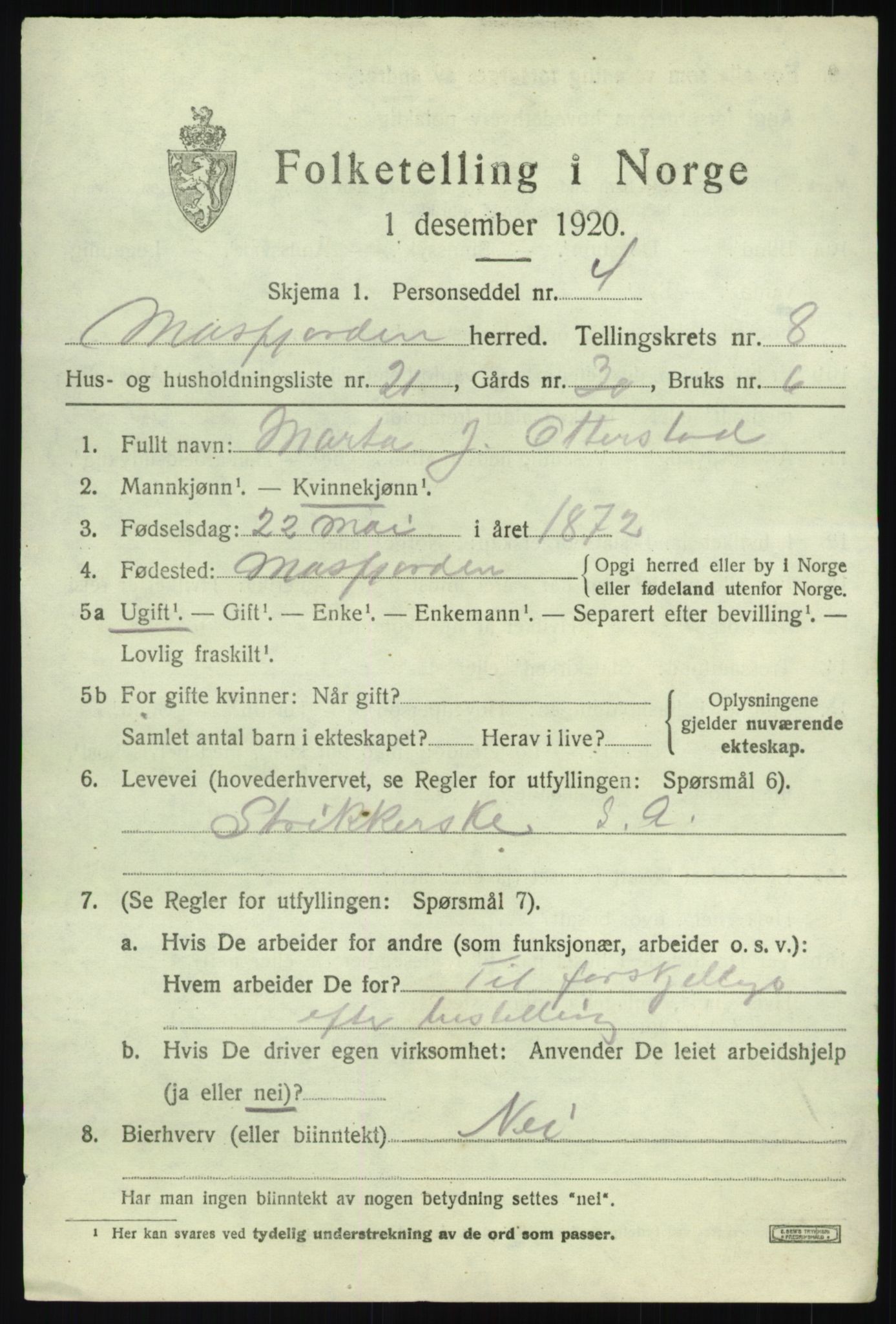 SAB, 1920 census for Masfjorden, 1920, p. 3401