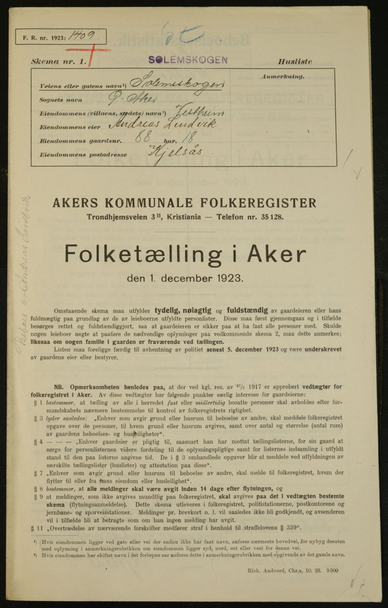 , Municipal Census 1923 for Aker, 1923, p. 31262