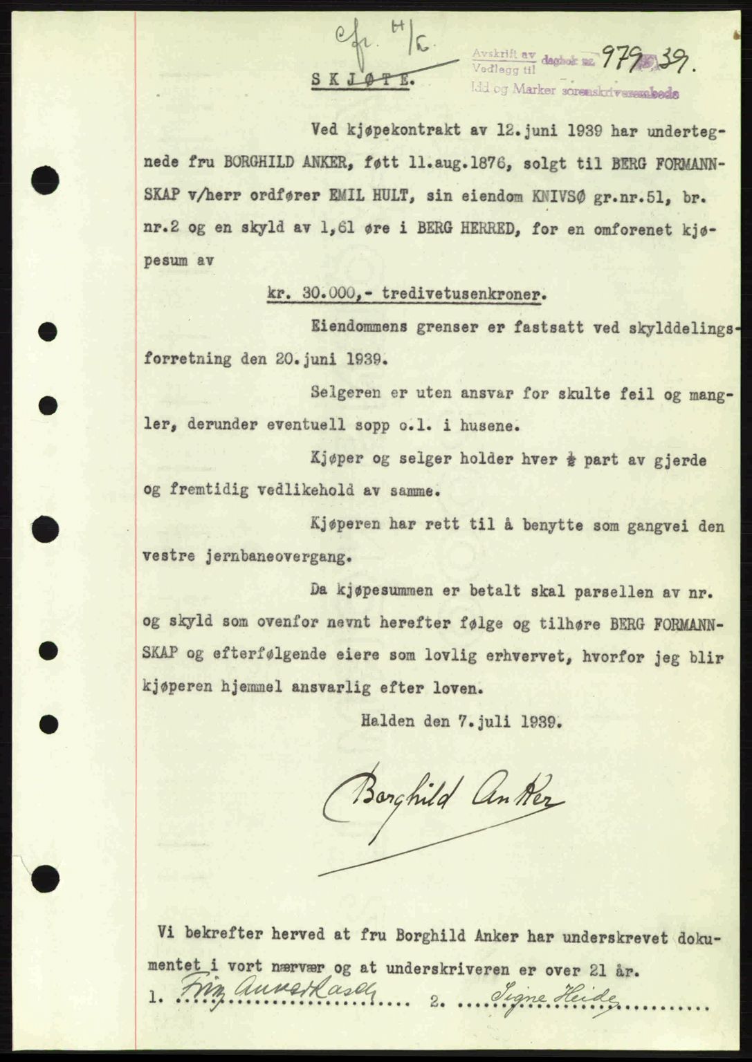 Idd og Marker sorenskriveri, AV/SAO-A-10283/G/Gb/Gbb/L0003: Mortgage book no. A3, 1938-1939, Diary no: : 979/1939