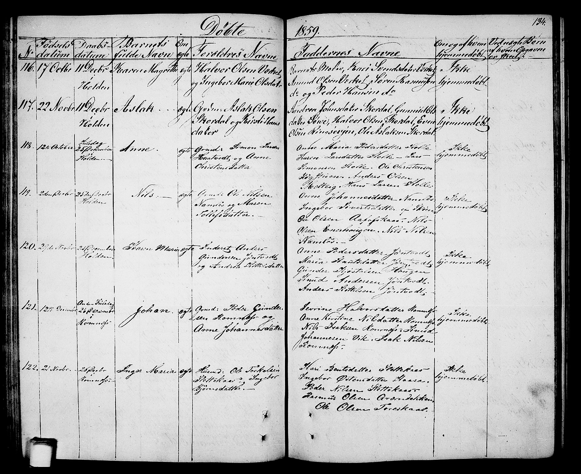 Holla kirkebøker, AV/SAKO-A-272/G/Ga/L0003: Parish register (copy) no. I 3, 1849-1866, p. 134