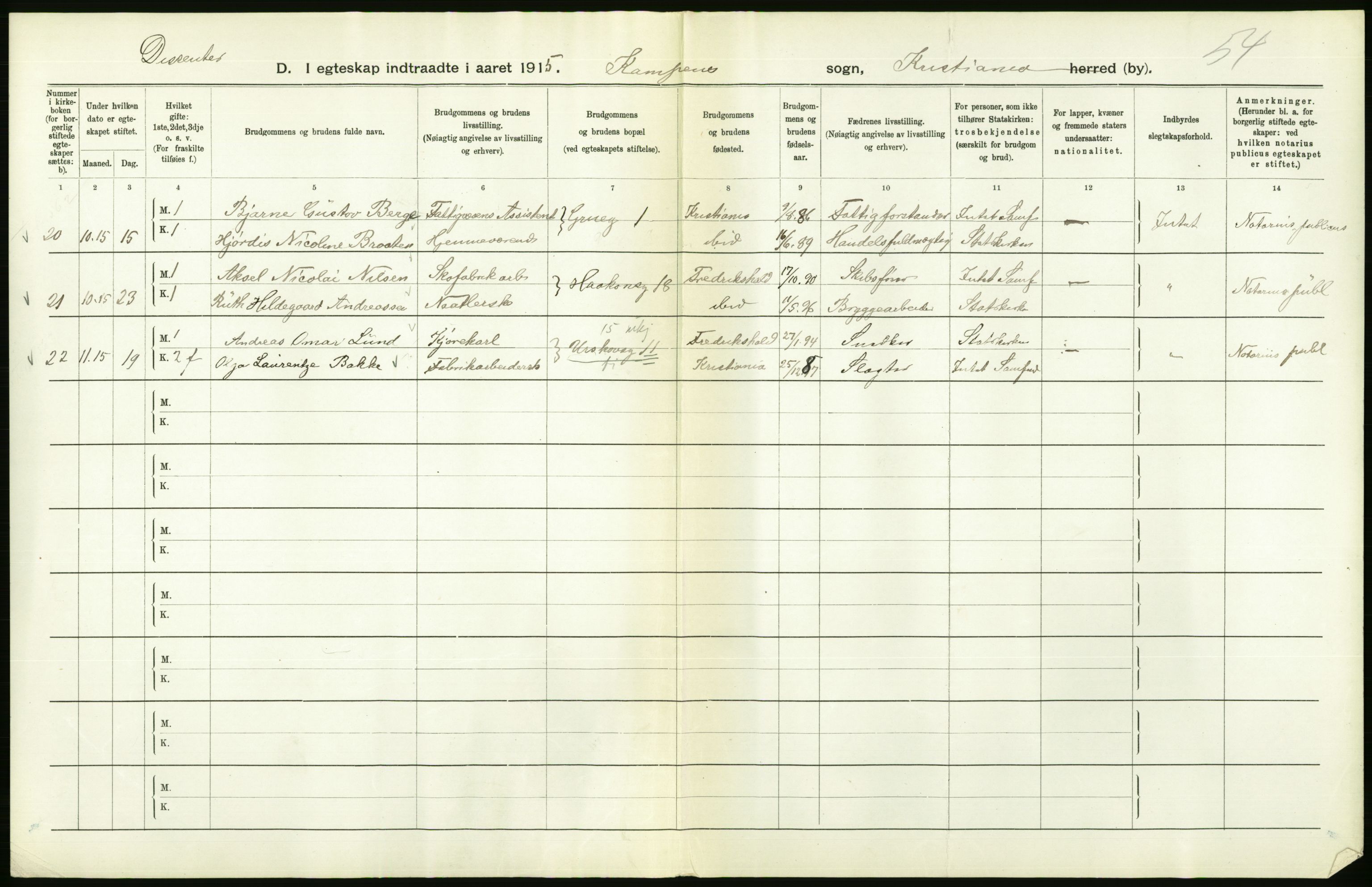 Statistisk sentralbyrå, Sosiodemografiske emner, Befolkning, AV/RA-S-2228/D/Df/Dfb/Dfbe/L0008: Kristiania: Gifte., 1915, p. 764