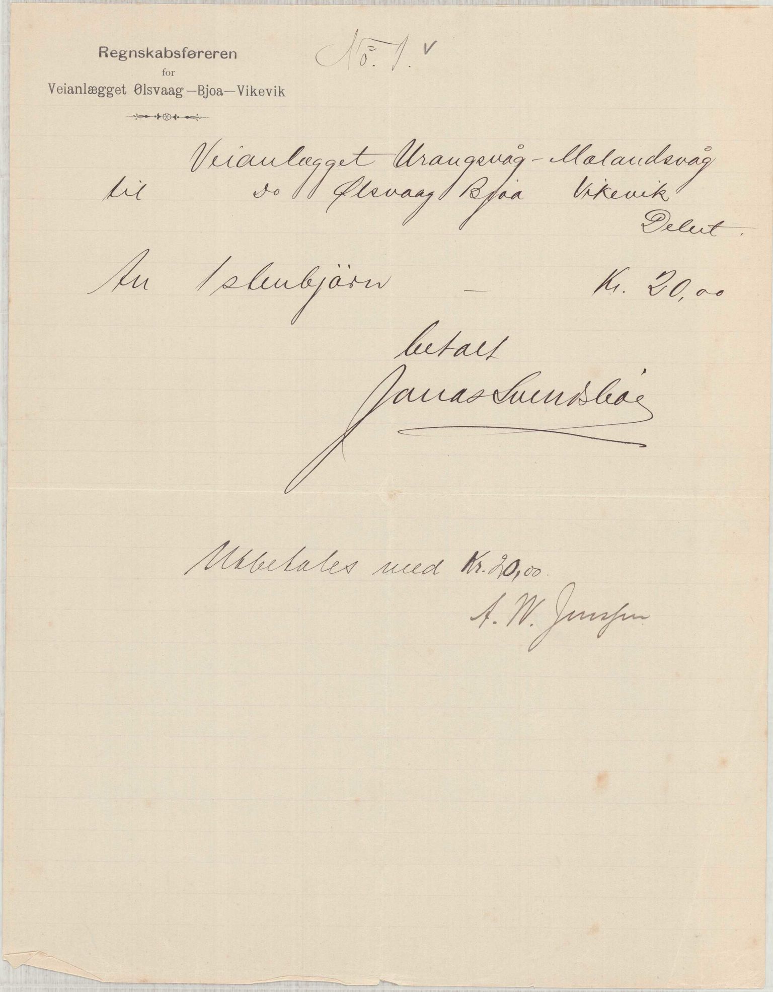 Finnaas kommune. Formannskapet, IKAH/1218a-021/E/Ea/L0002/0001: Rekneskap for veganlegg / Rekneskap for veganlegget Urangsvåg - Mælandsvåg, 1898-1900, p. 138