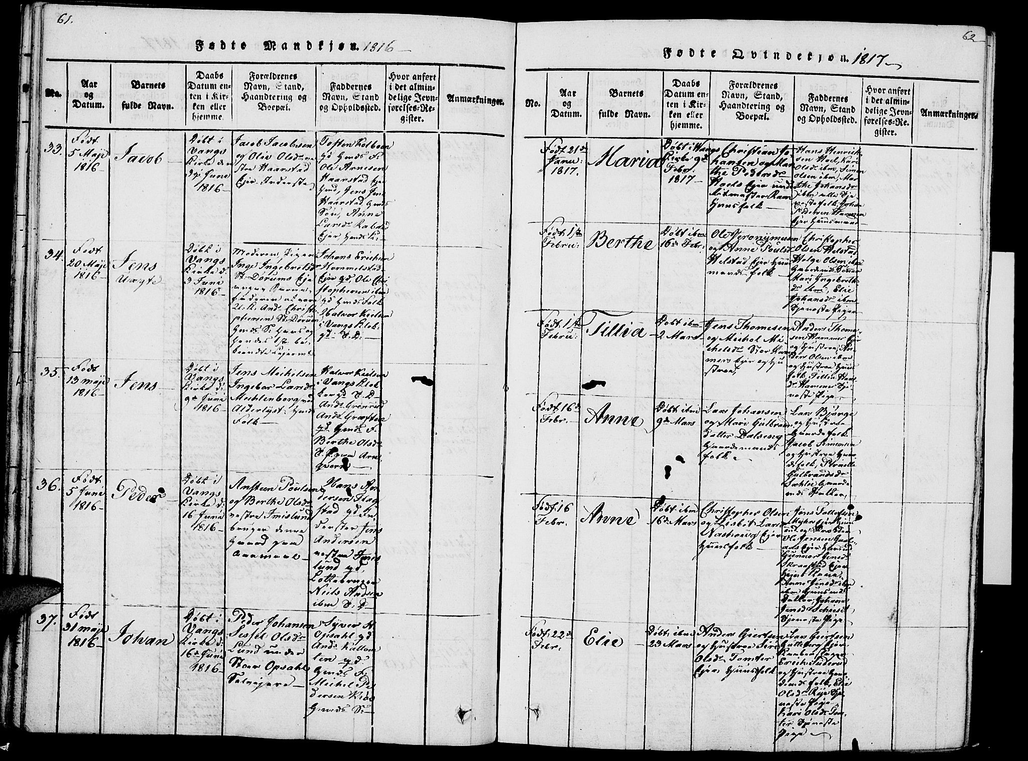 Vang prestekontor, Hedmark, AV/SAH-PREST-008/H/Ha/Haa/L0007: Parish register (official) no. 7, 1813-1826, p. 61-62