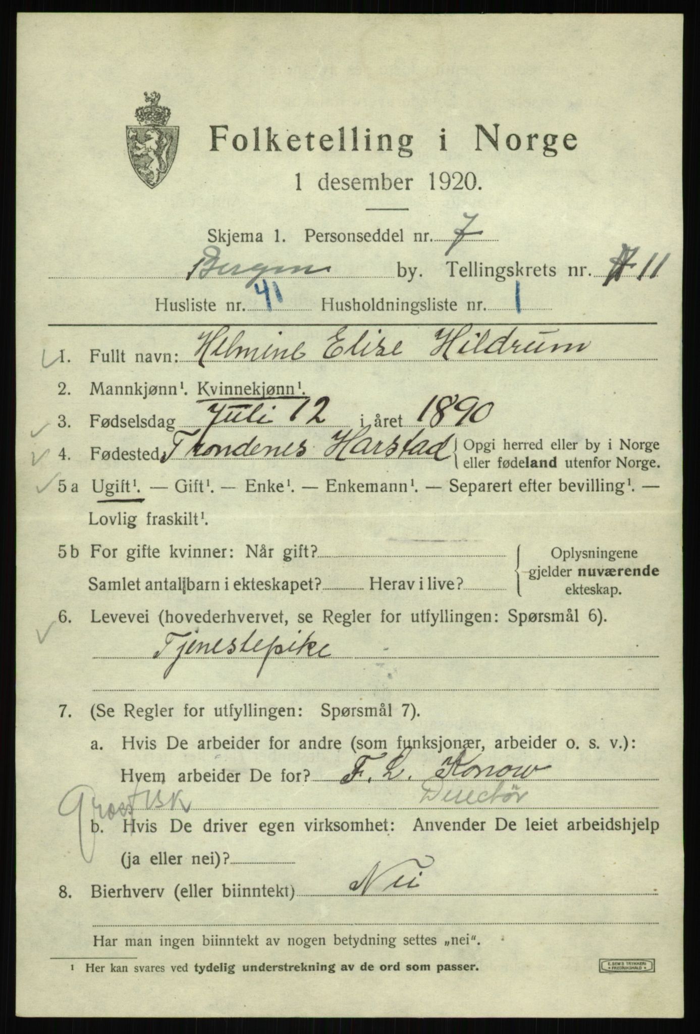 SAB, 1920 census for Bergen, 1920, p. 73498