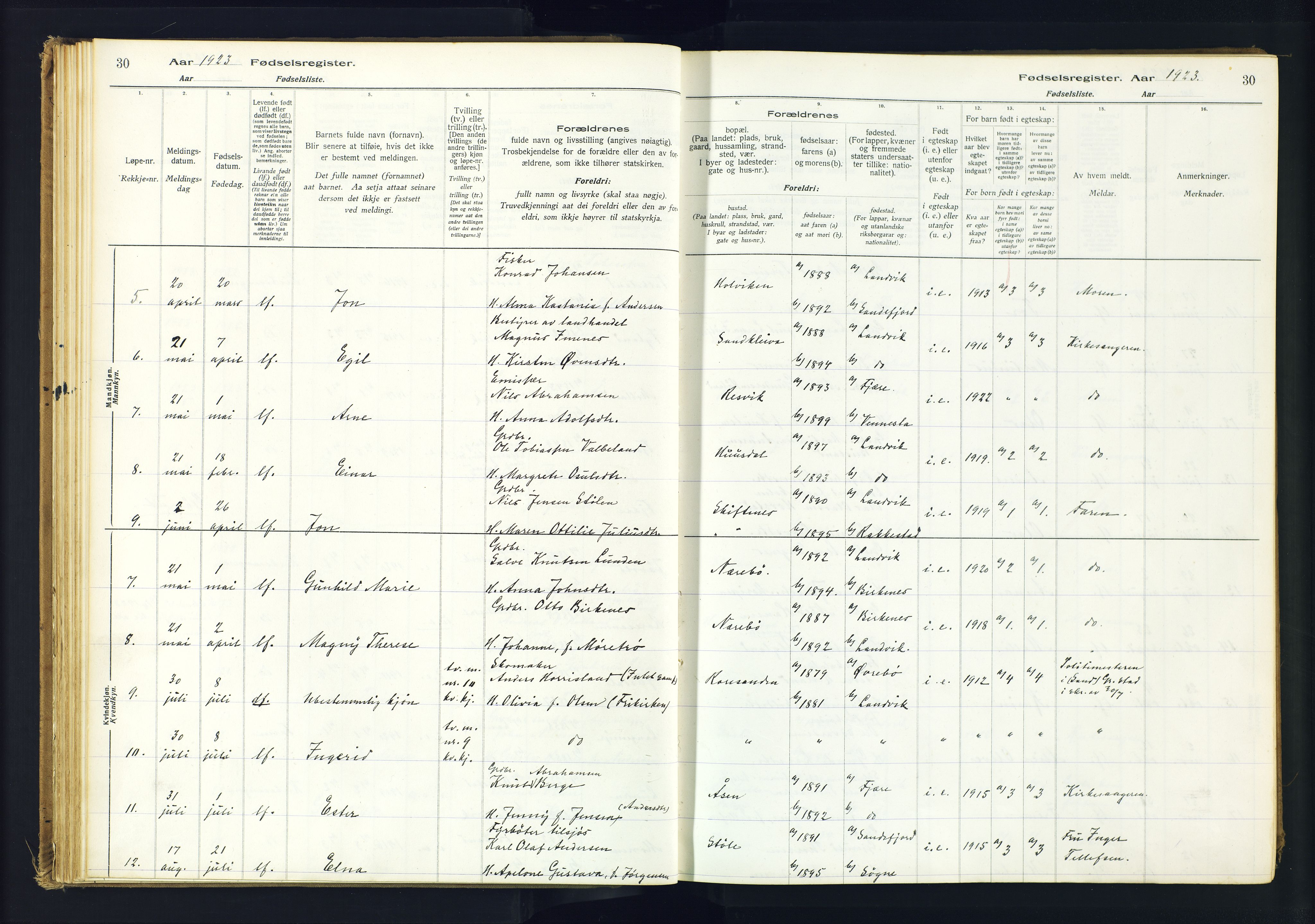 Hommedal sokneprestkontor, AV/SAK-1111-0023/J/Jd/L0001: Birth register no. 1, 1916-1962, p. 30
