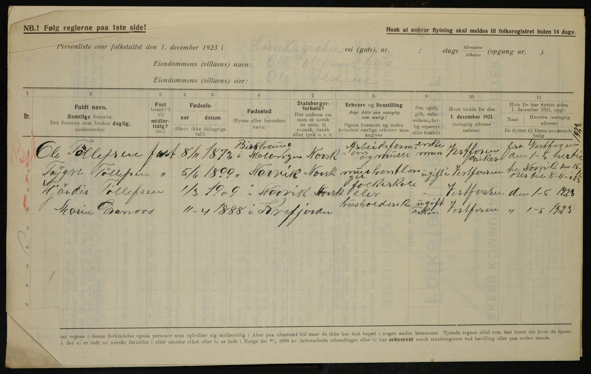 , Municipal Census 1923 for Aker, 1923, p. 40593