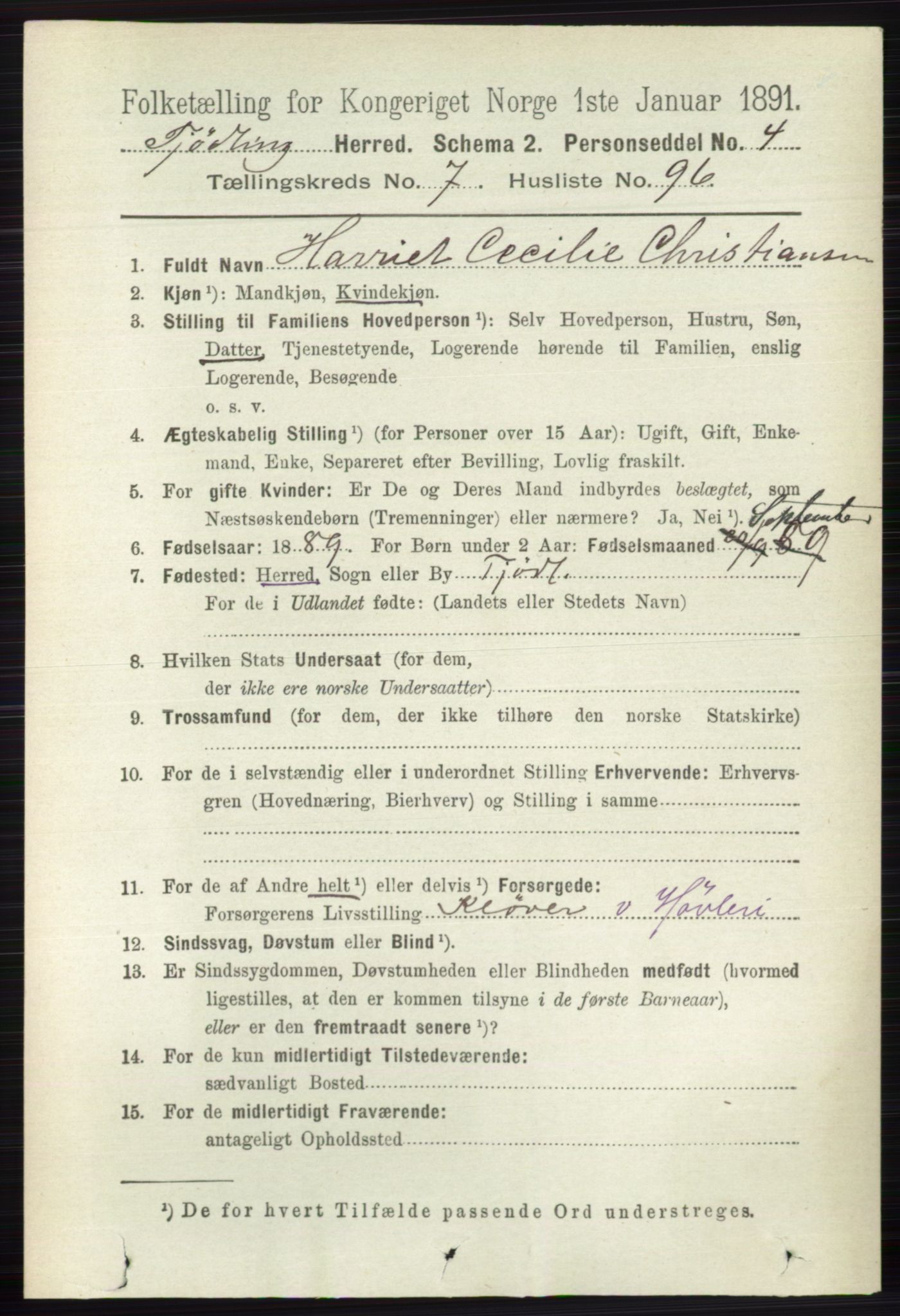 RA, 1891 census for 0725 Tjølling, 1891, p. 4292